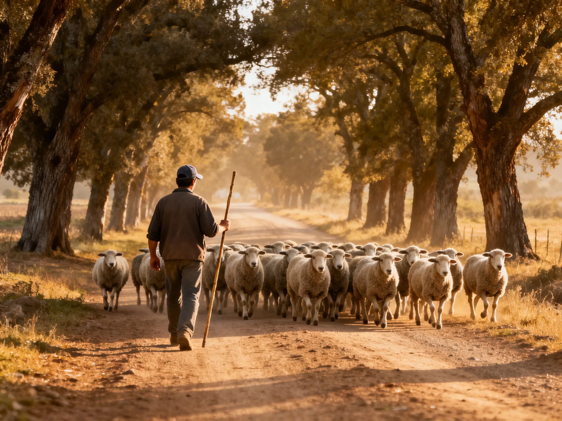A Shepherd Herding Sheep Along a Tree-Lined Dirt Road