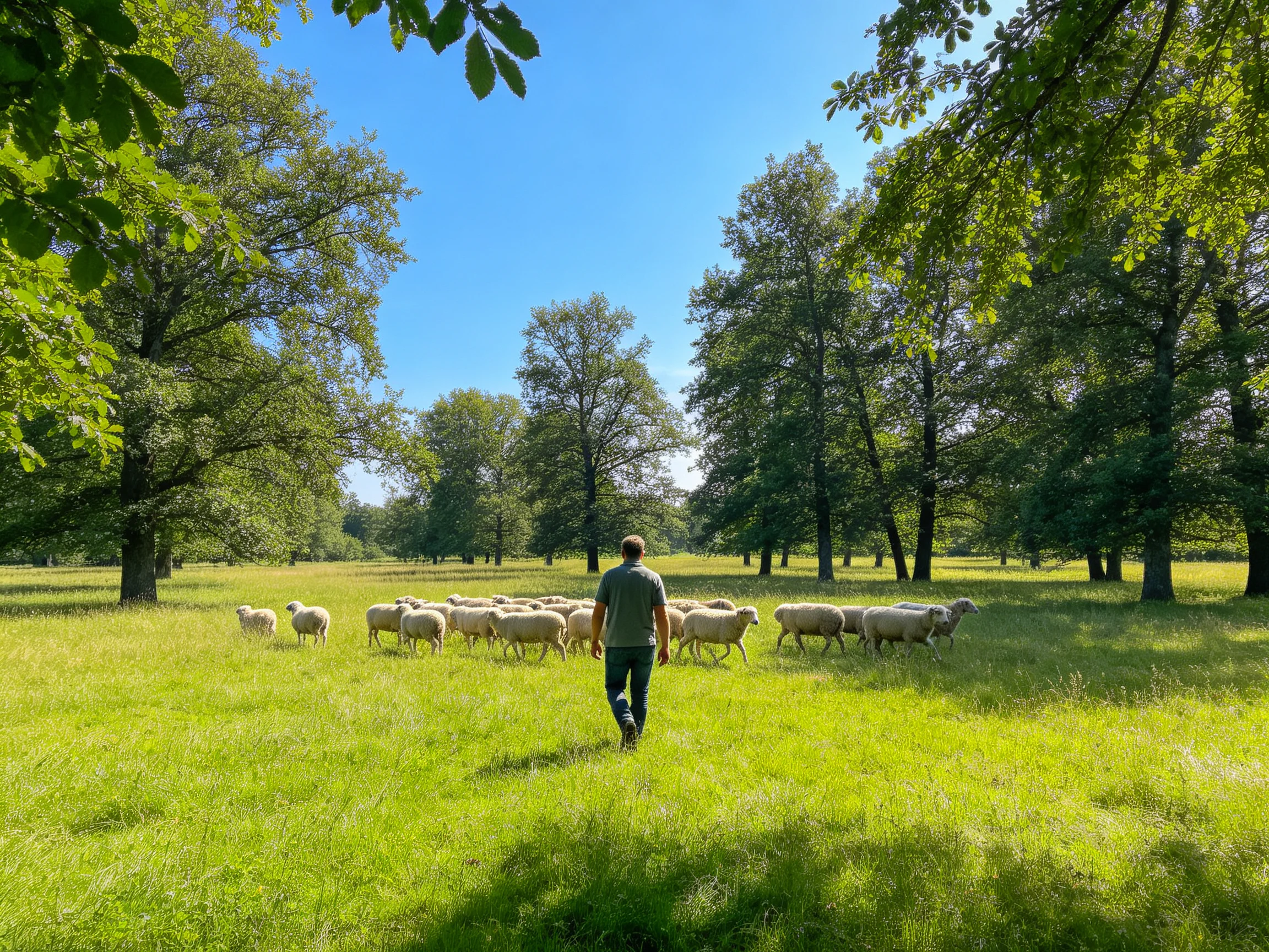 A Shepherd Herding Sheep Through Lush Green Pasture