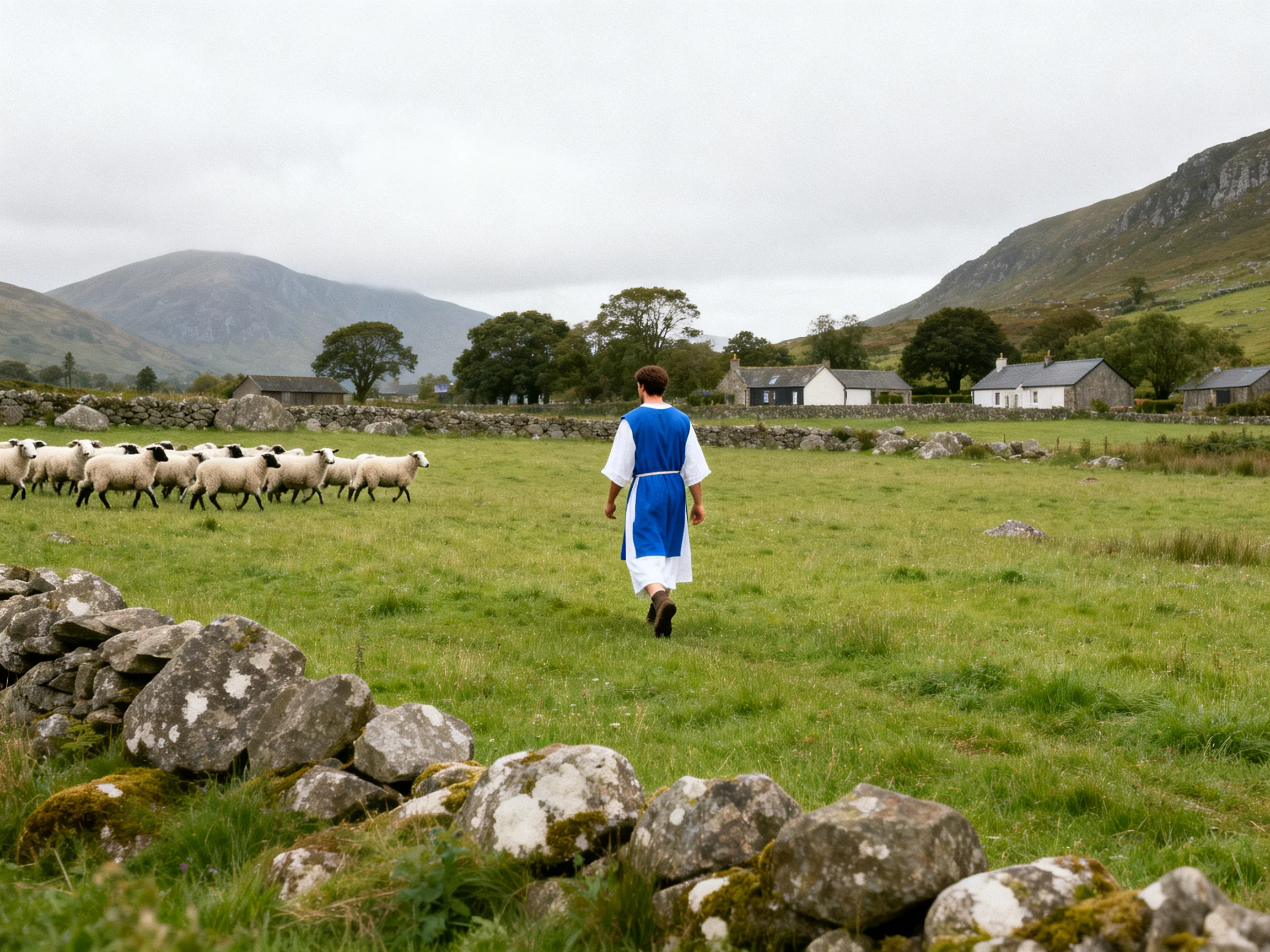 A Shepherd Herding Sheep Through a Green Pasture with Stone Fences