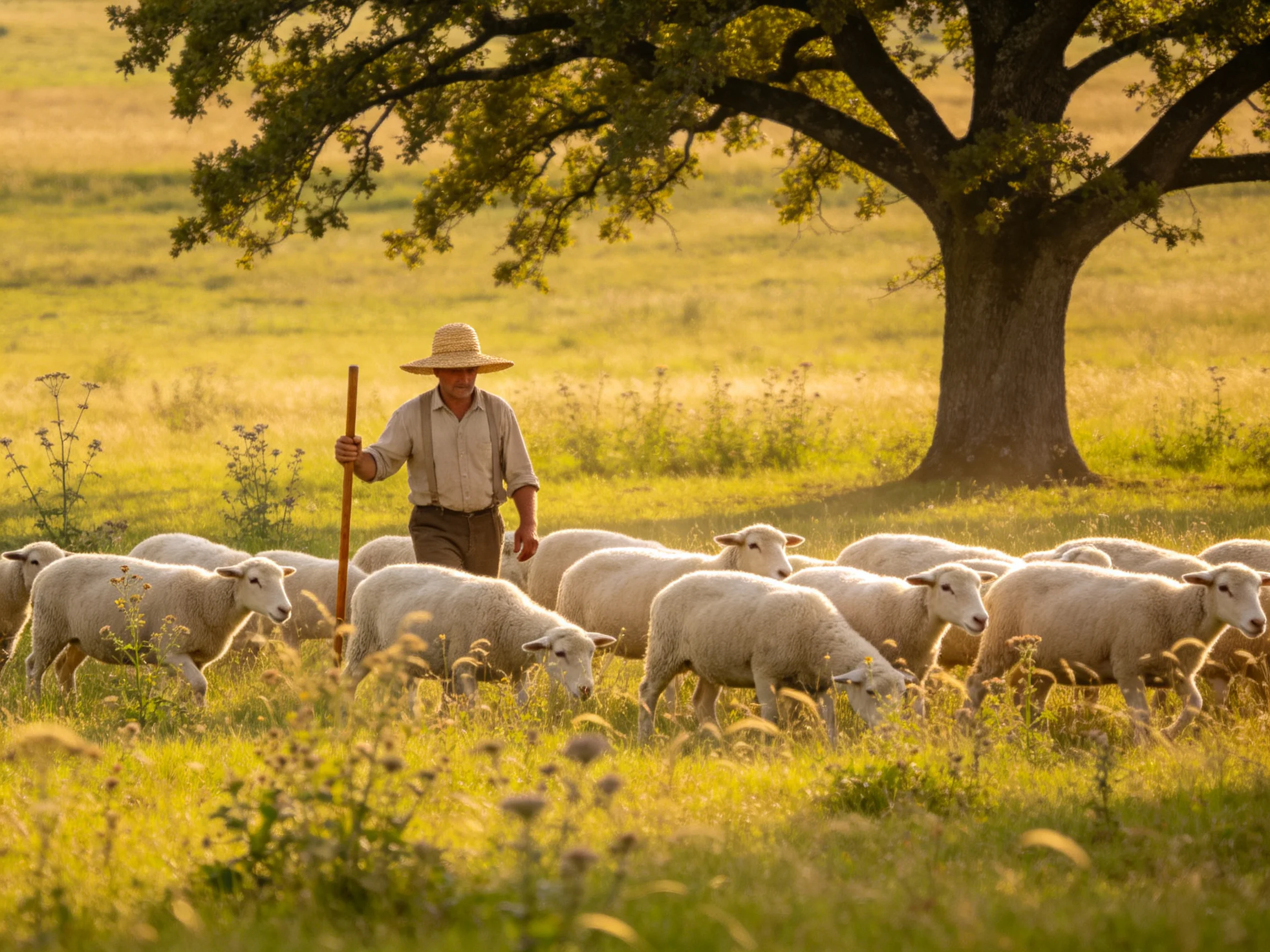 A Shepherd Herding Sheep Under a Large Oak Tree in Golden Light