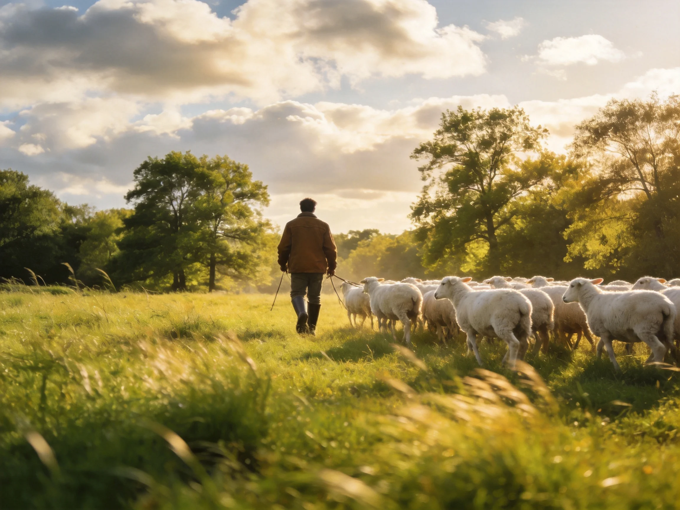 A Shepherd Herding Sheep in Sunlit Green Pasture