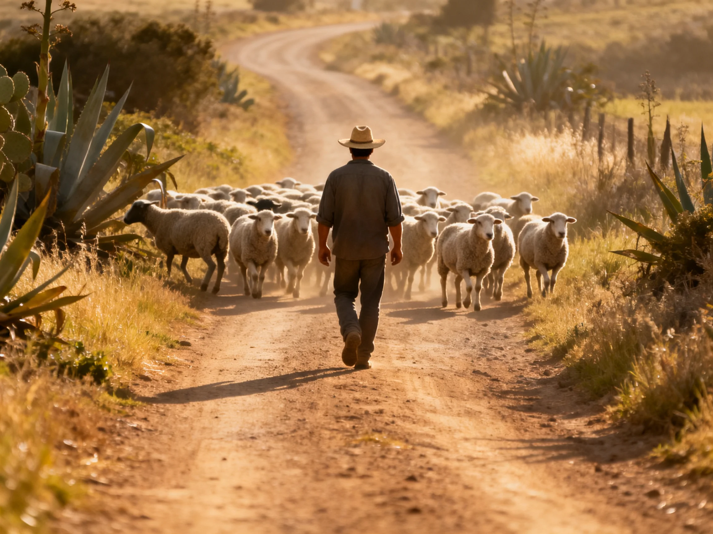 A Shepherd Herding Sheep on a Dusty Rural Road