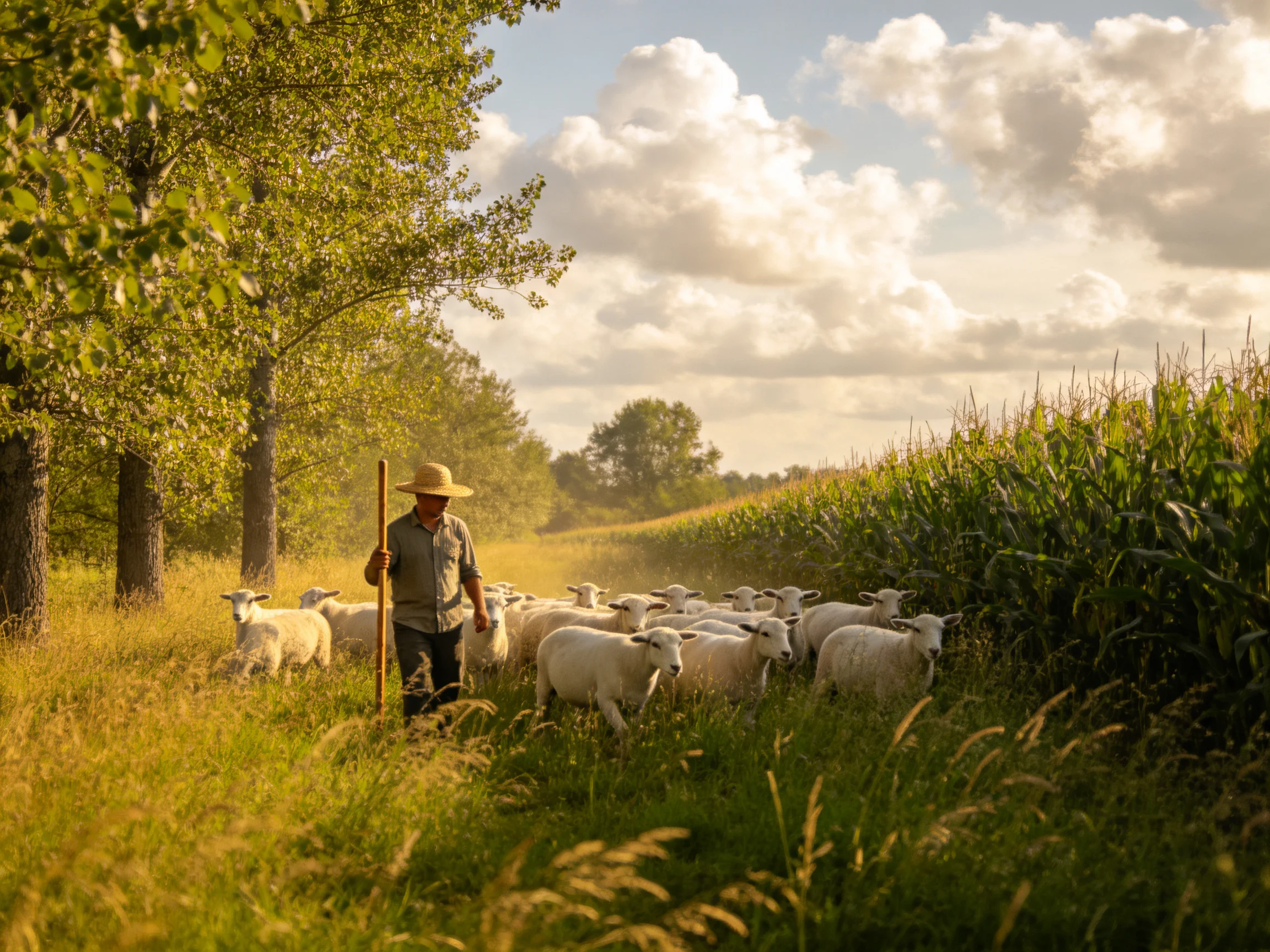 A Shepherd Herding White Sheep Through Lush Green Fields Under Golden Light