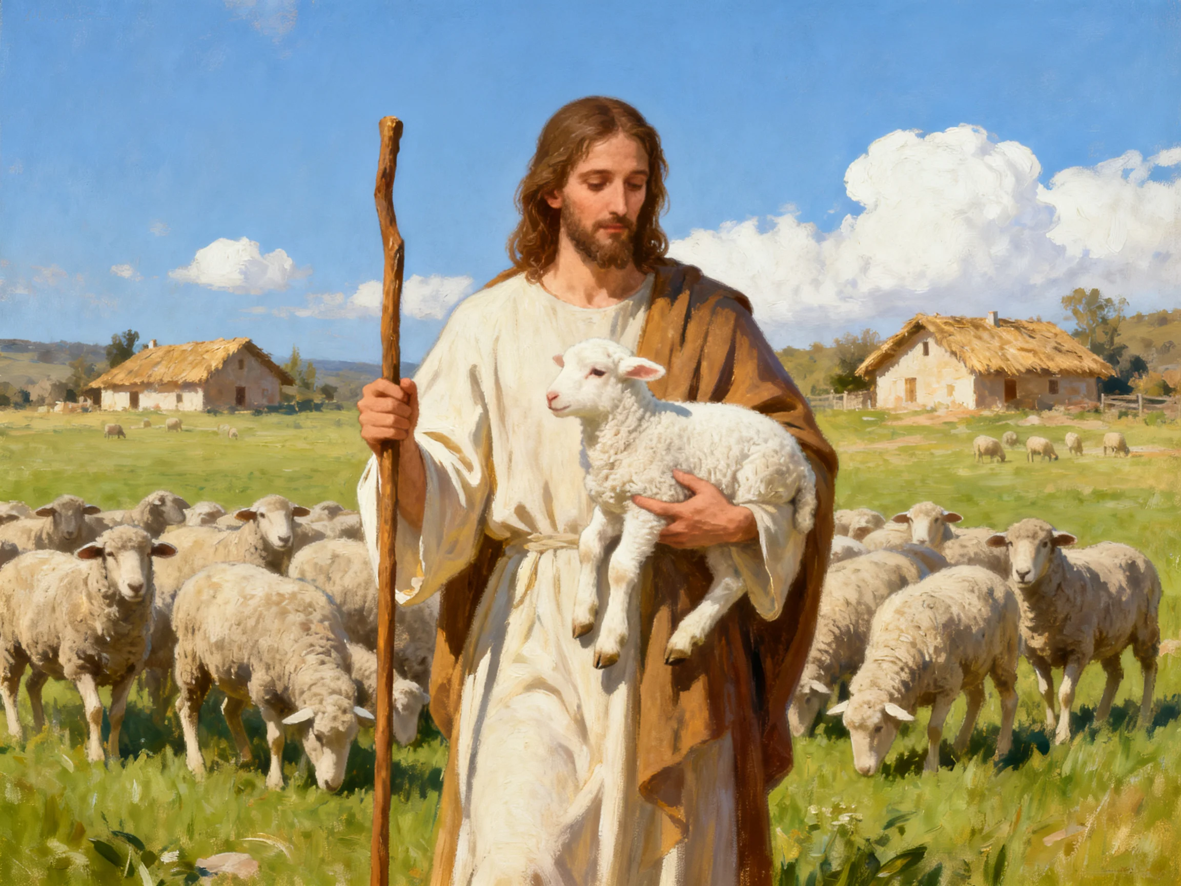 A Shepherd Holding a Lamb Among a Flock of Sheep