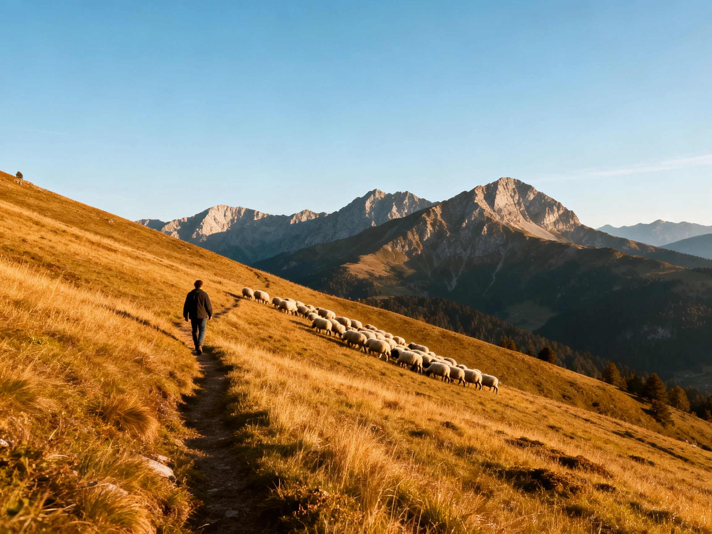 A Shepherd Leading Sheep Across Golden Hillside Near Majestic Mountains