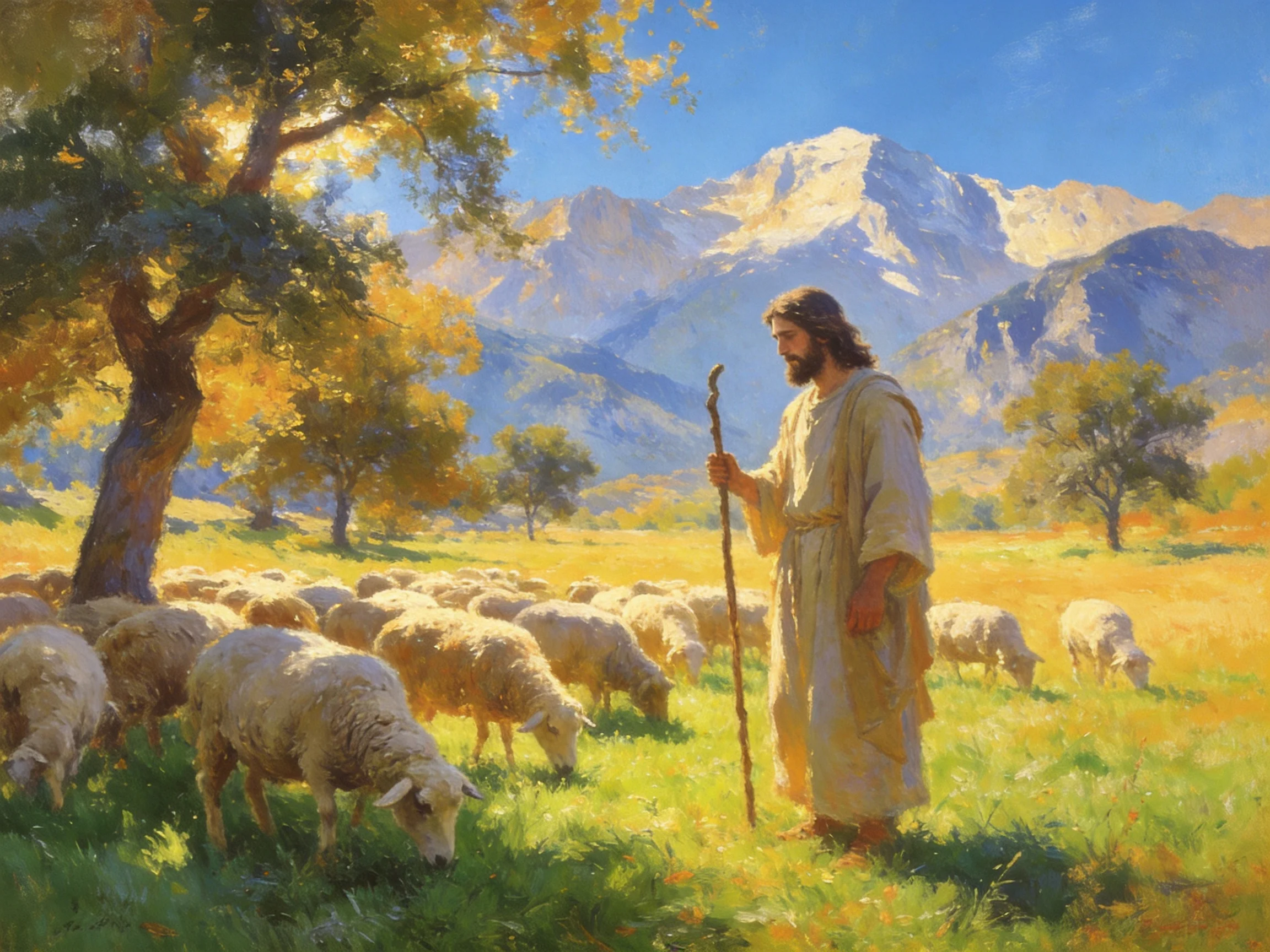 A Shepherd With Flock in Sunlit Mountain Meadow