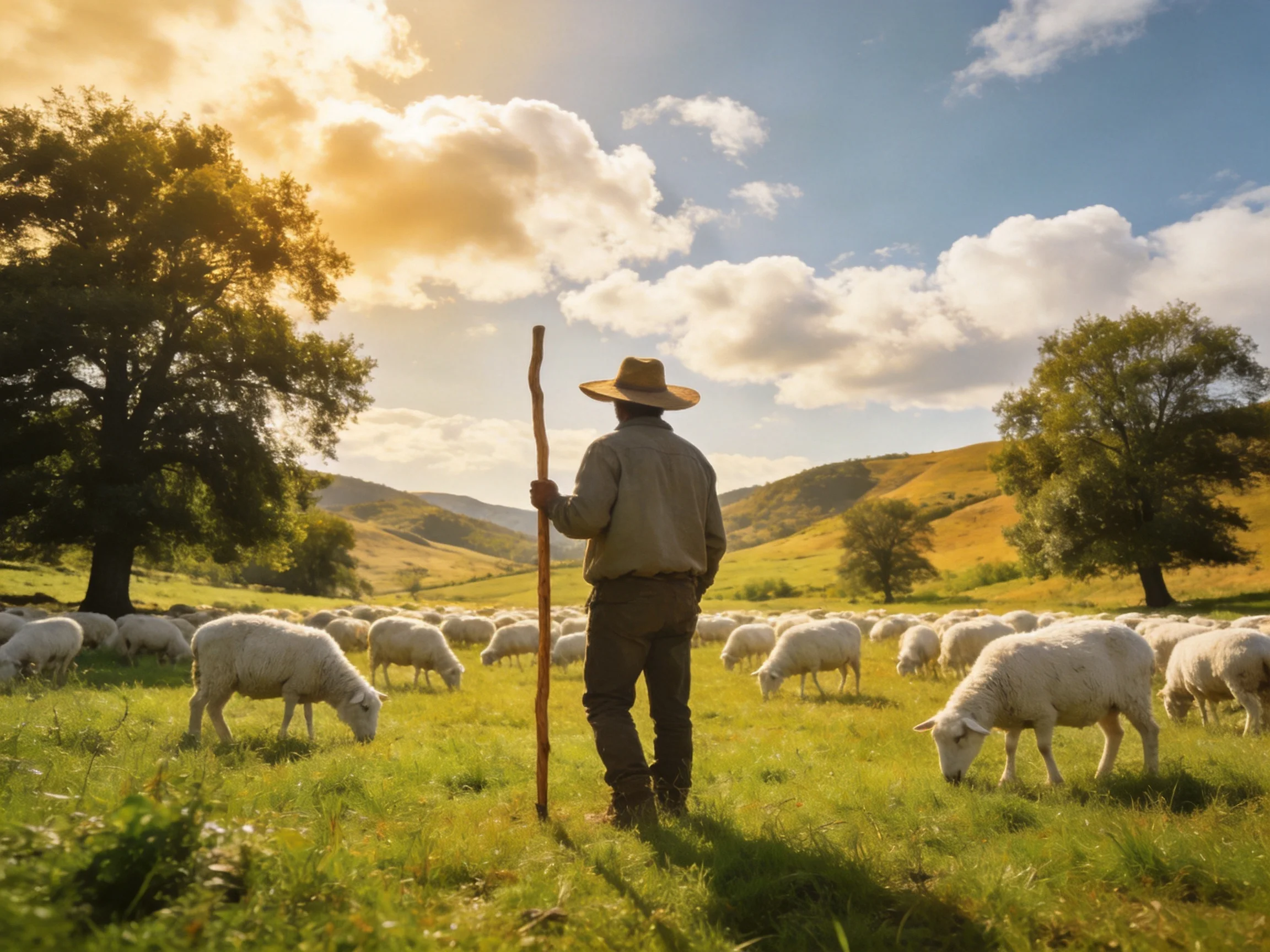 A Shepherd With Flock in Sunlit Rolling Hills