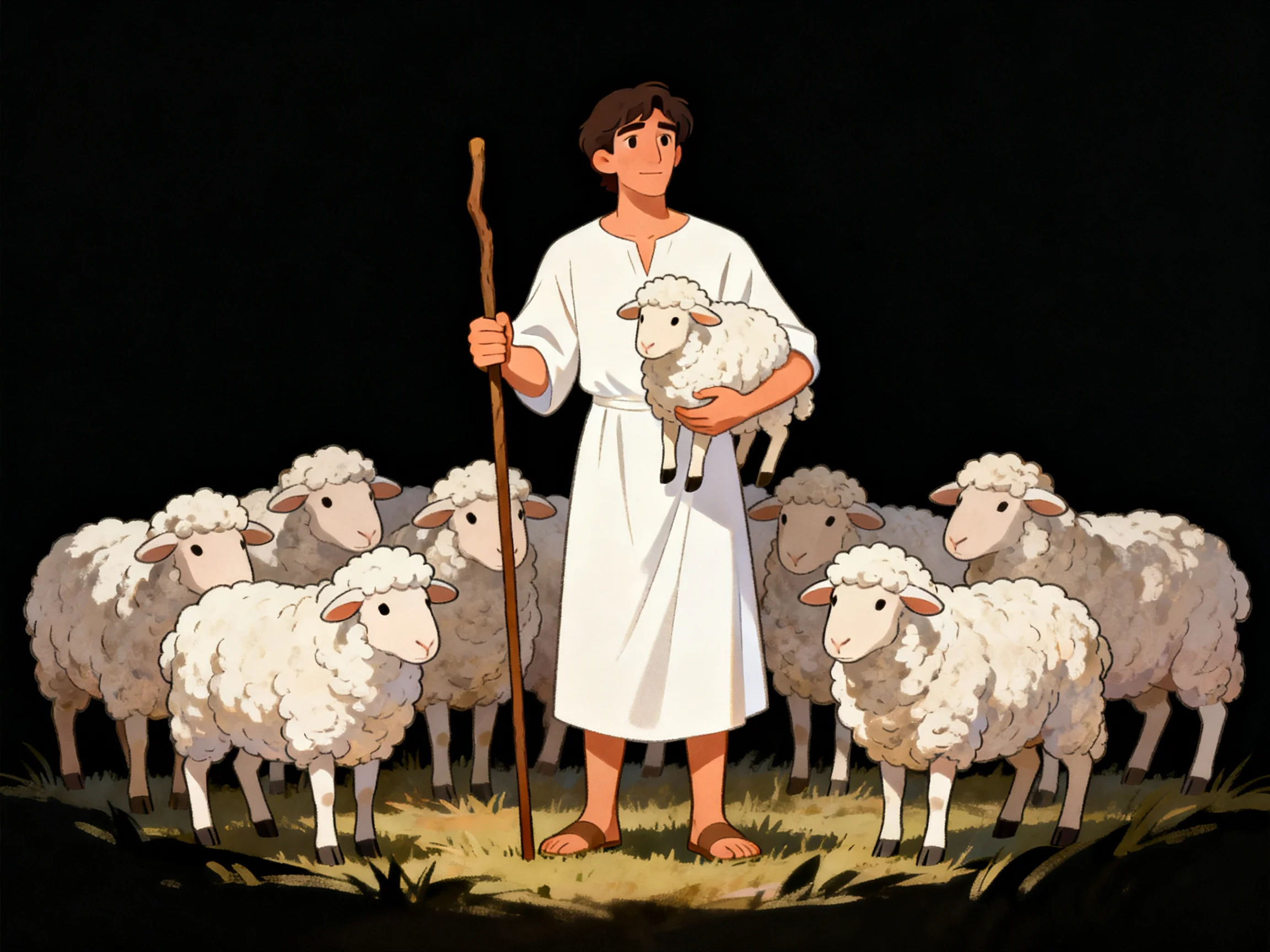 A Shepherd in White Robe Tending Sheep Under Dark Sky