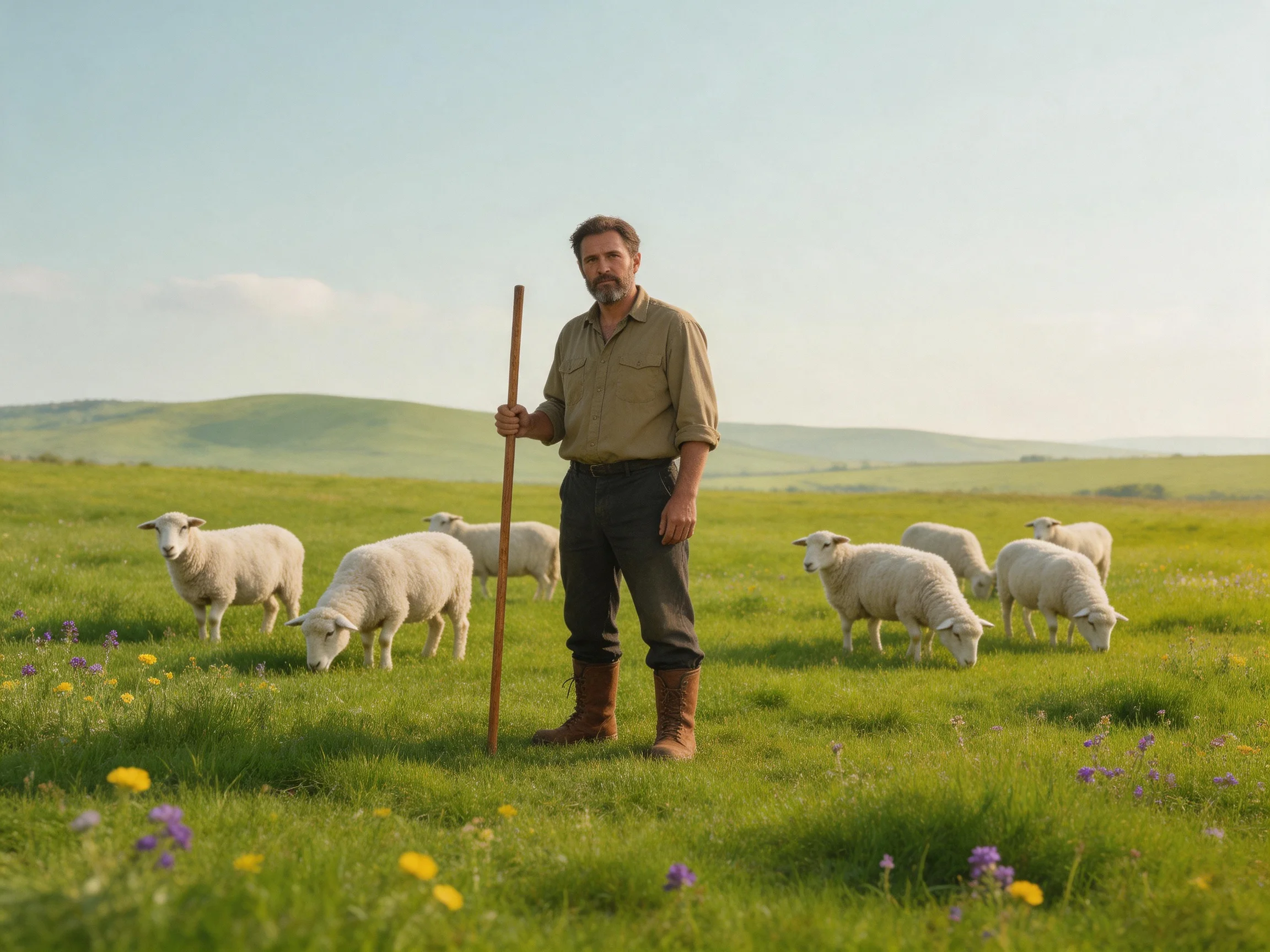A Shepherd with Sheep in a Lush Green Pasture