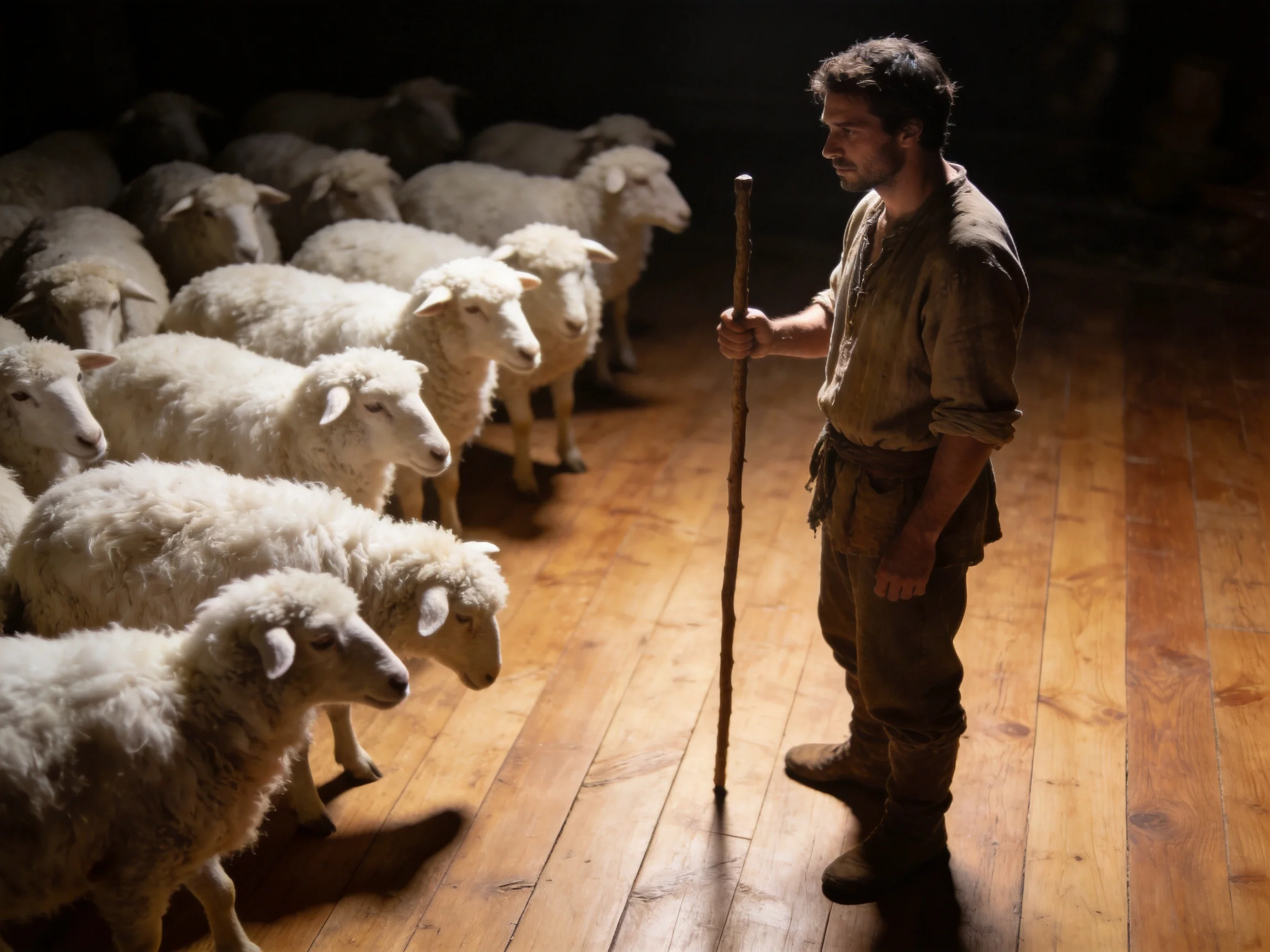 A Shepherd with a flock of white sheep in a wooden indoor space