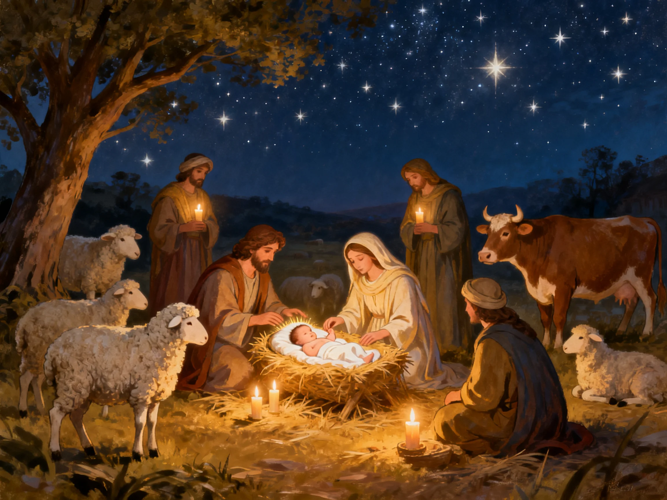 A Starlit Nativity Scene with Shepherds, Animals, and Candlelight