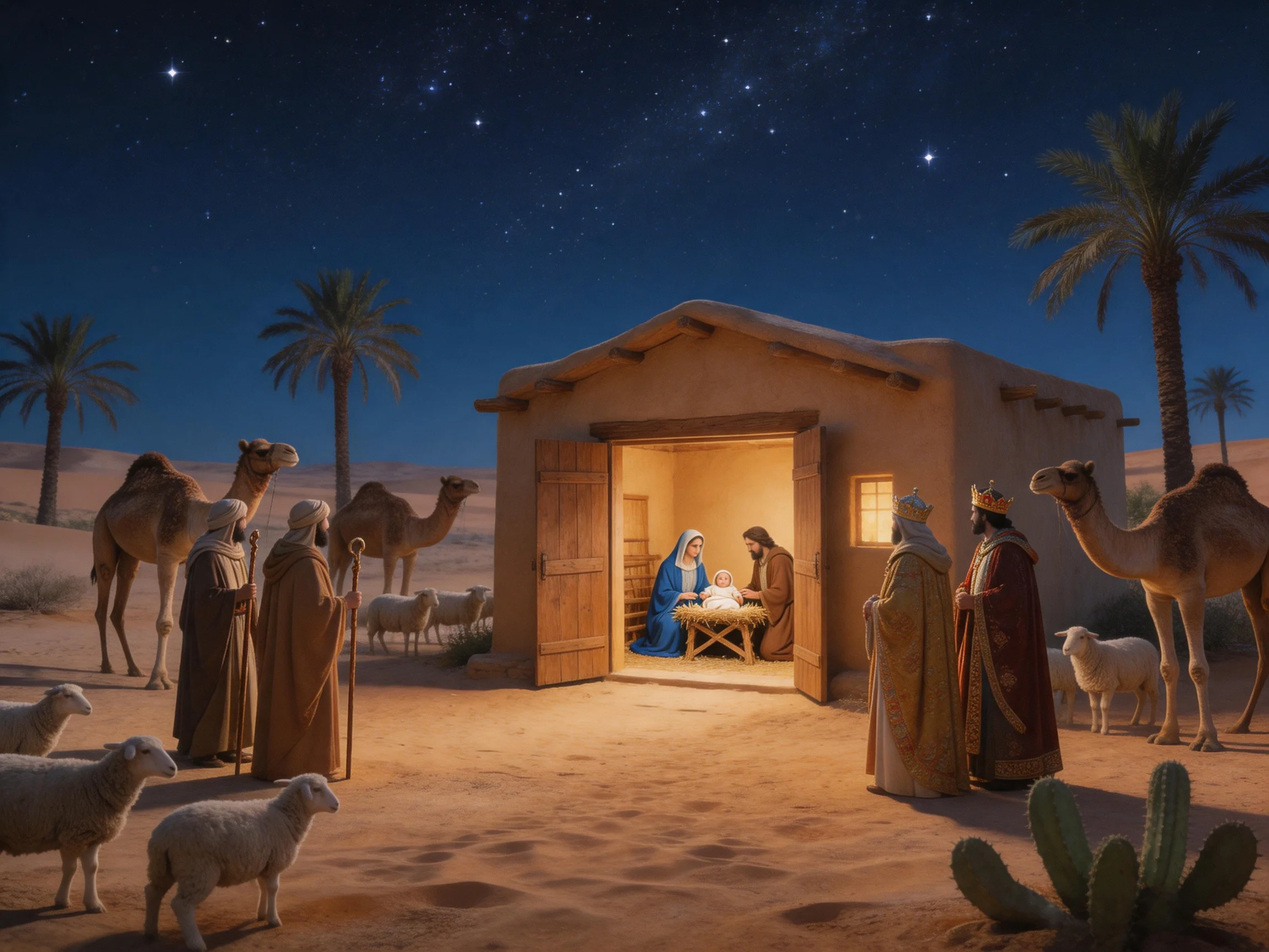 A Starry Night Desert Nativity Scene with Camels and Sheep