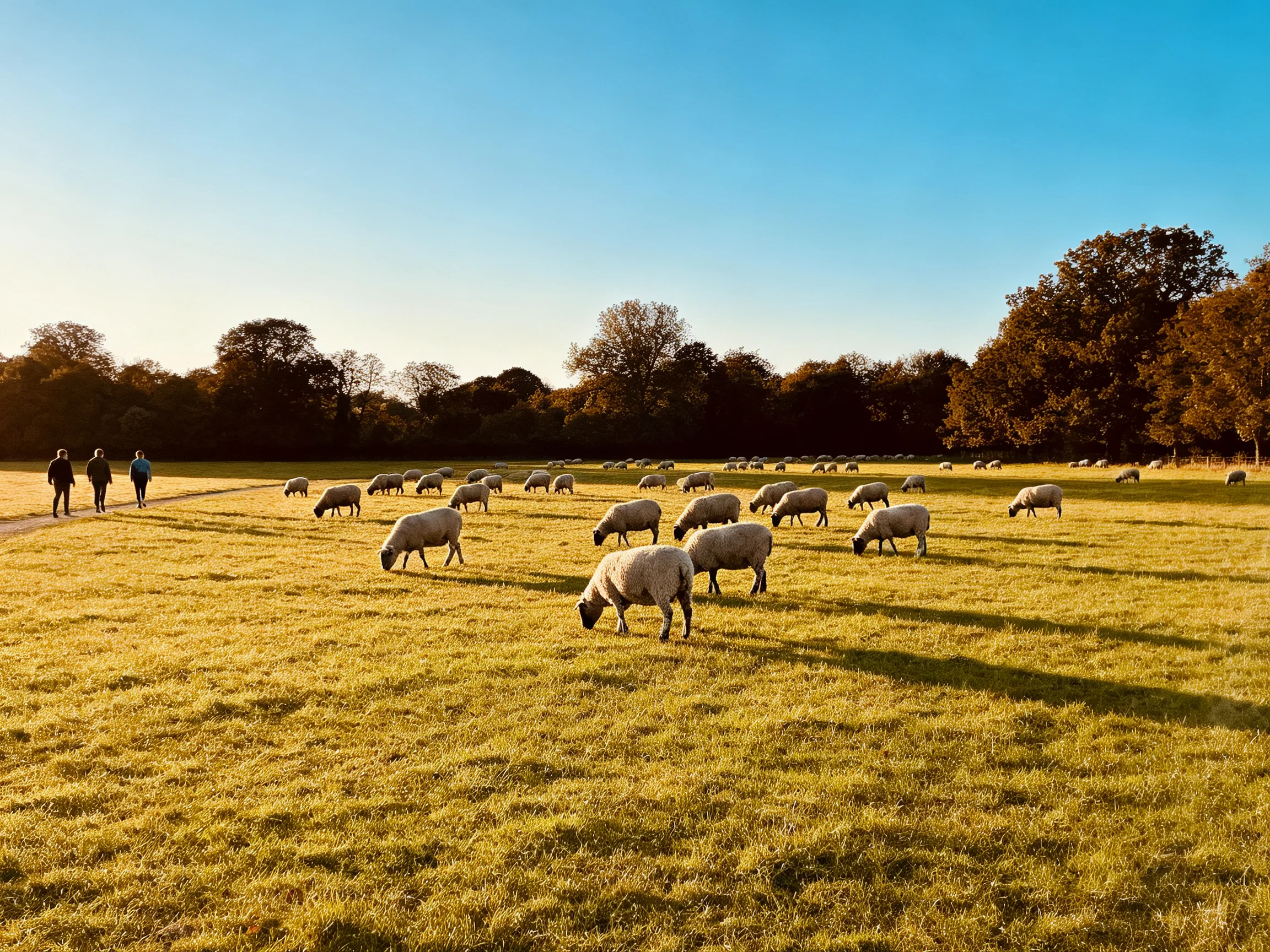 A Sunny Field With Sheep and Walkers Under Clear Blue Sky