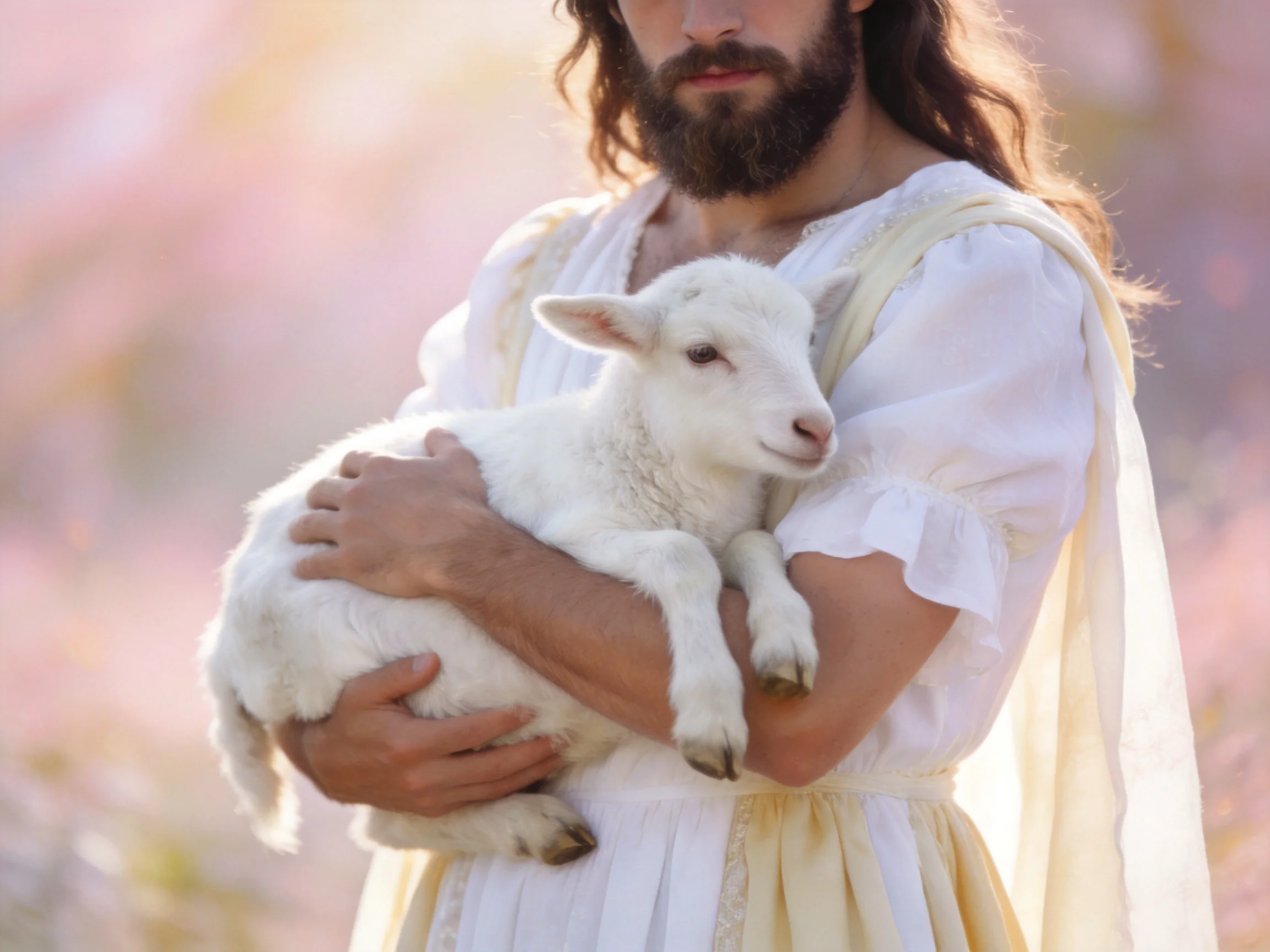 A bearded individual in white garments holds a small white lamb