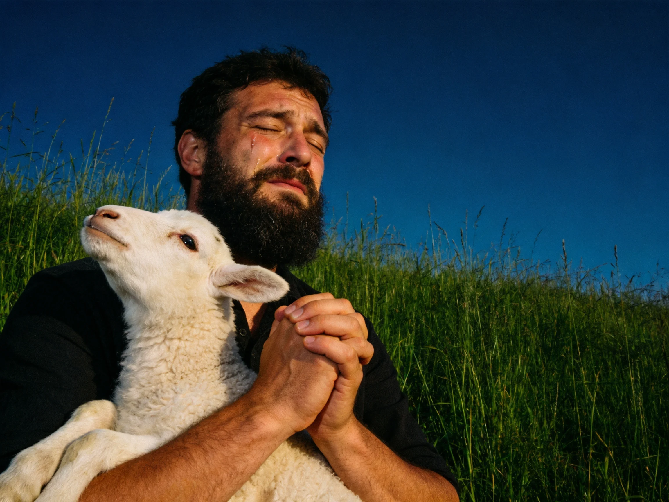A bearded man holds a white lamb beside tall green grass under a deep blue sky