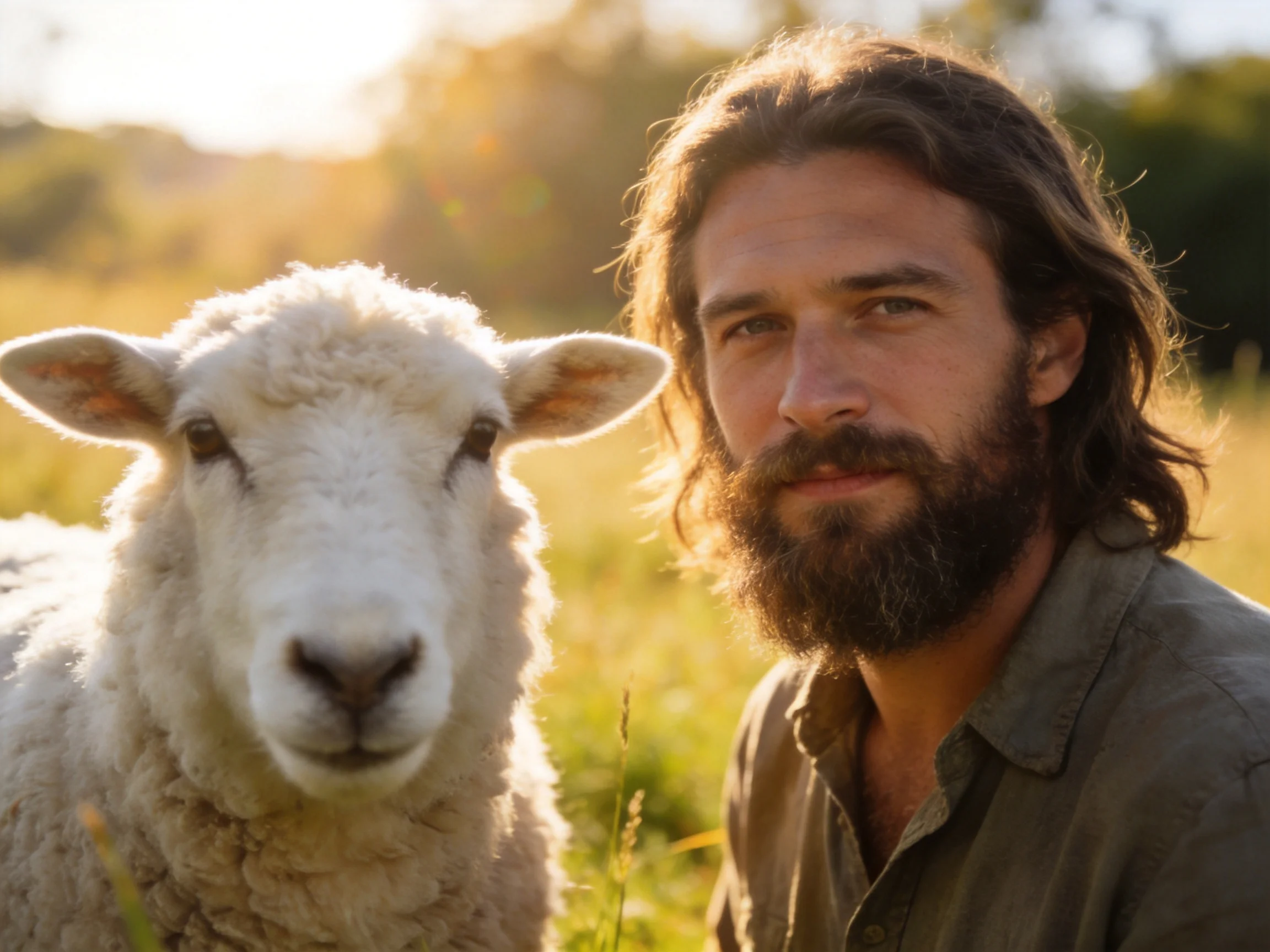 A bearded man with long hair beside a white sheep in sunlit field