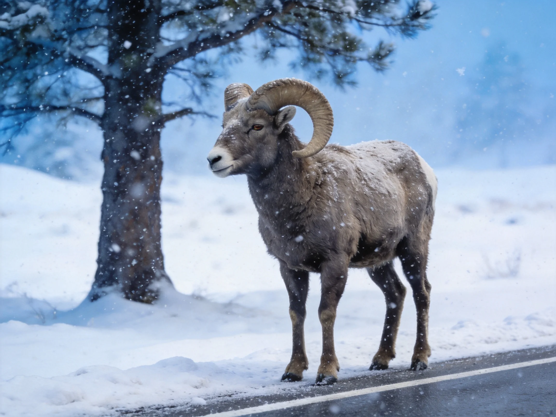 A bighorn ram on a snowy roadside near pine trees in falling snow
