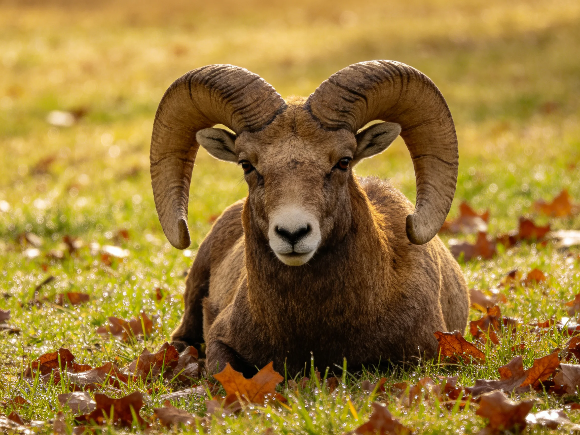 A bighorn ram resting on grass amid fallen autumn leaves