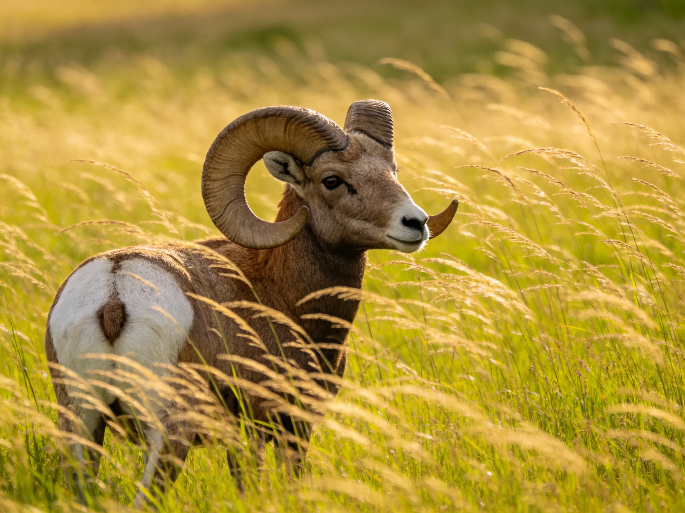 A bighorn ram stands amid tall golden grasses with large curved horns