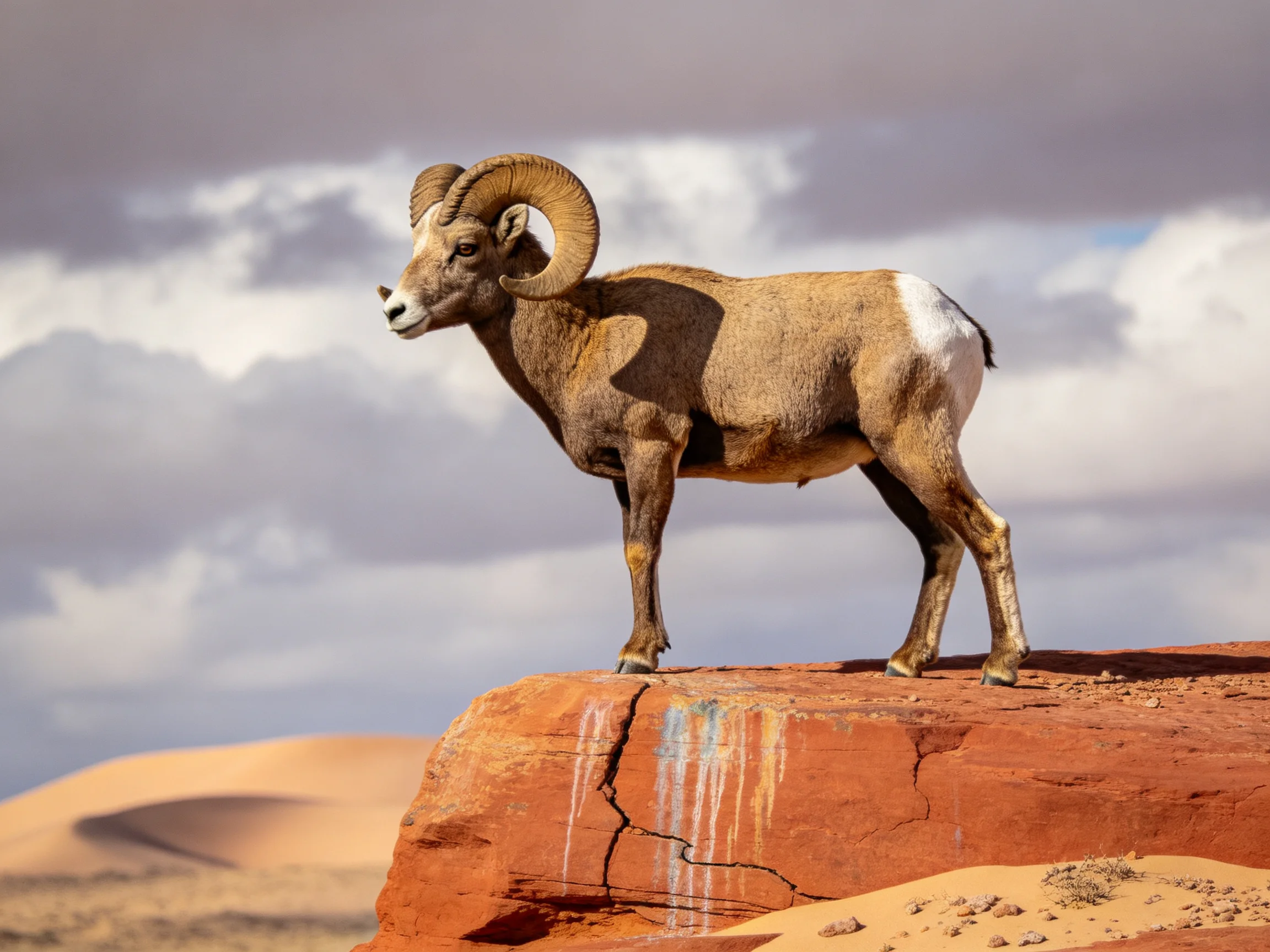 A bighorn ram stands atop a reddish cliff near sandy dunes