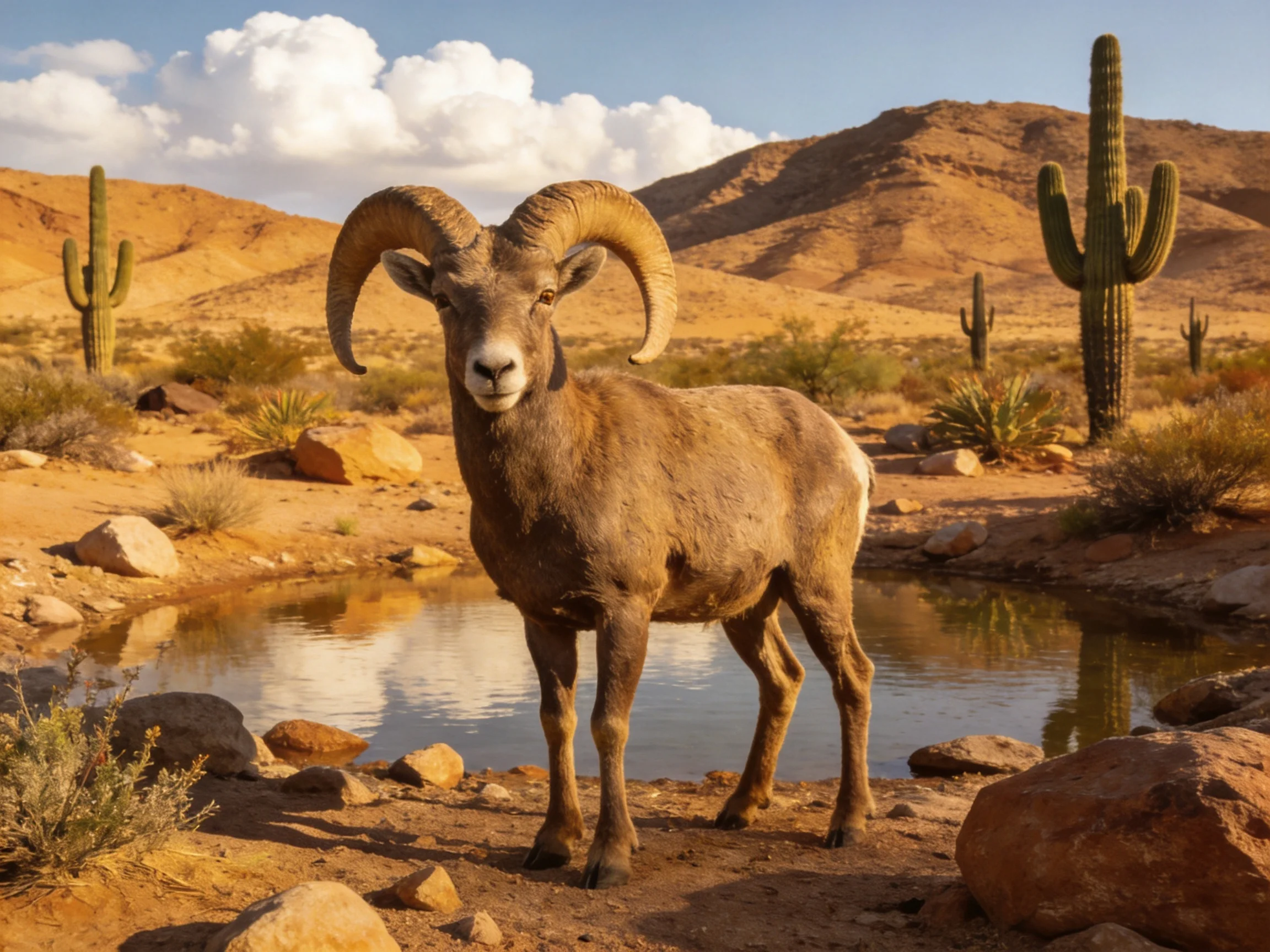 A bighorn ram stands near a desert pond with cacti and rocky hills