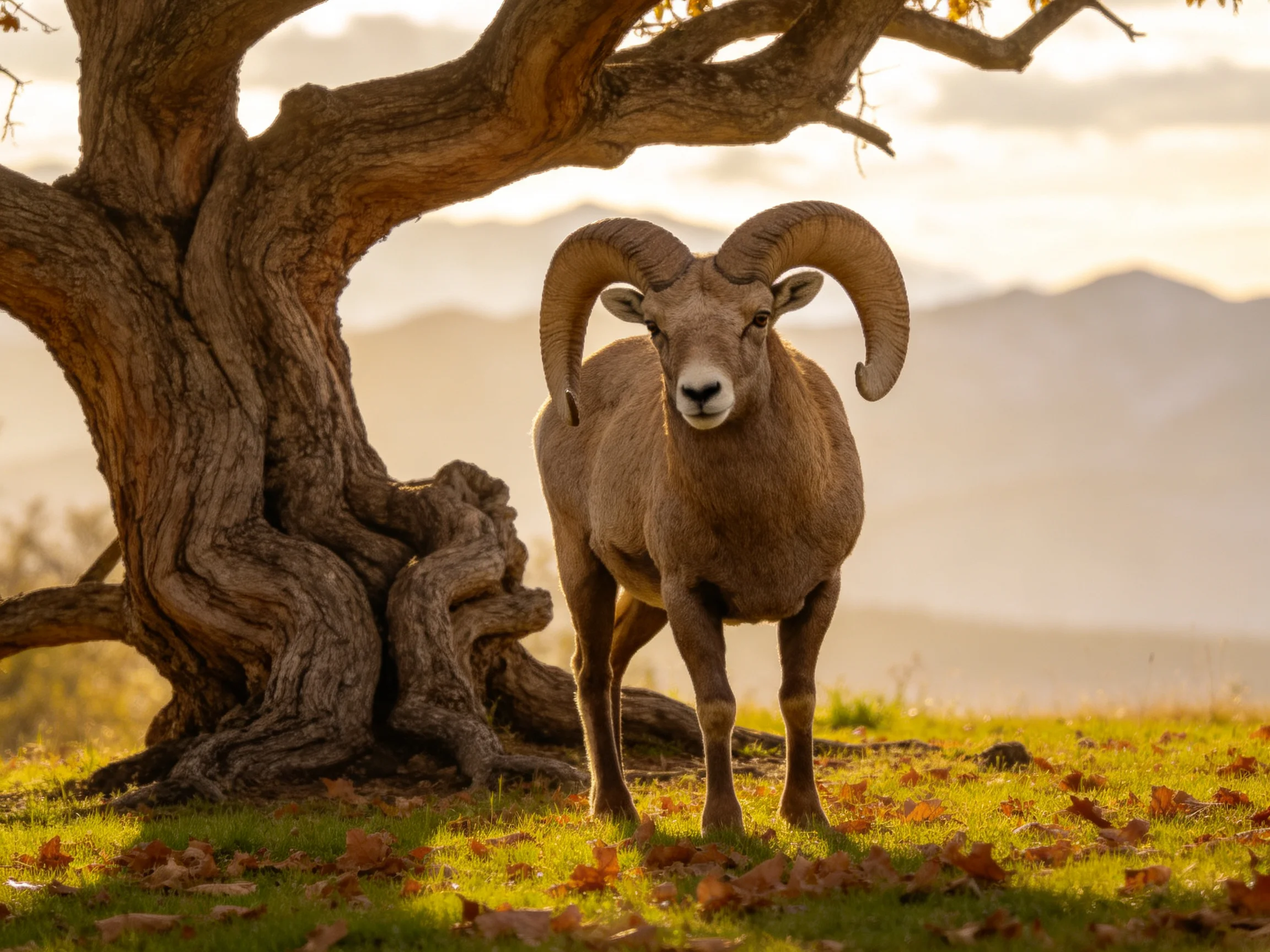 A bighorn ram stands near a gnarled tree with golden autumn light