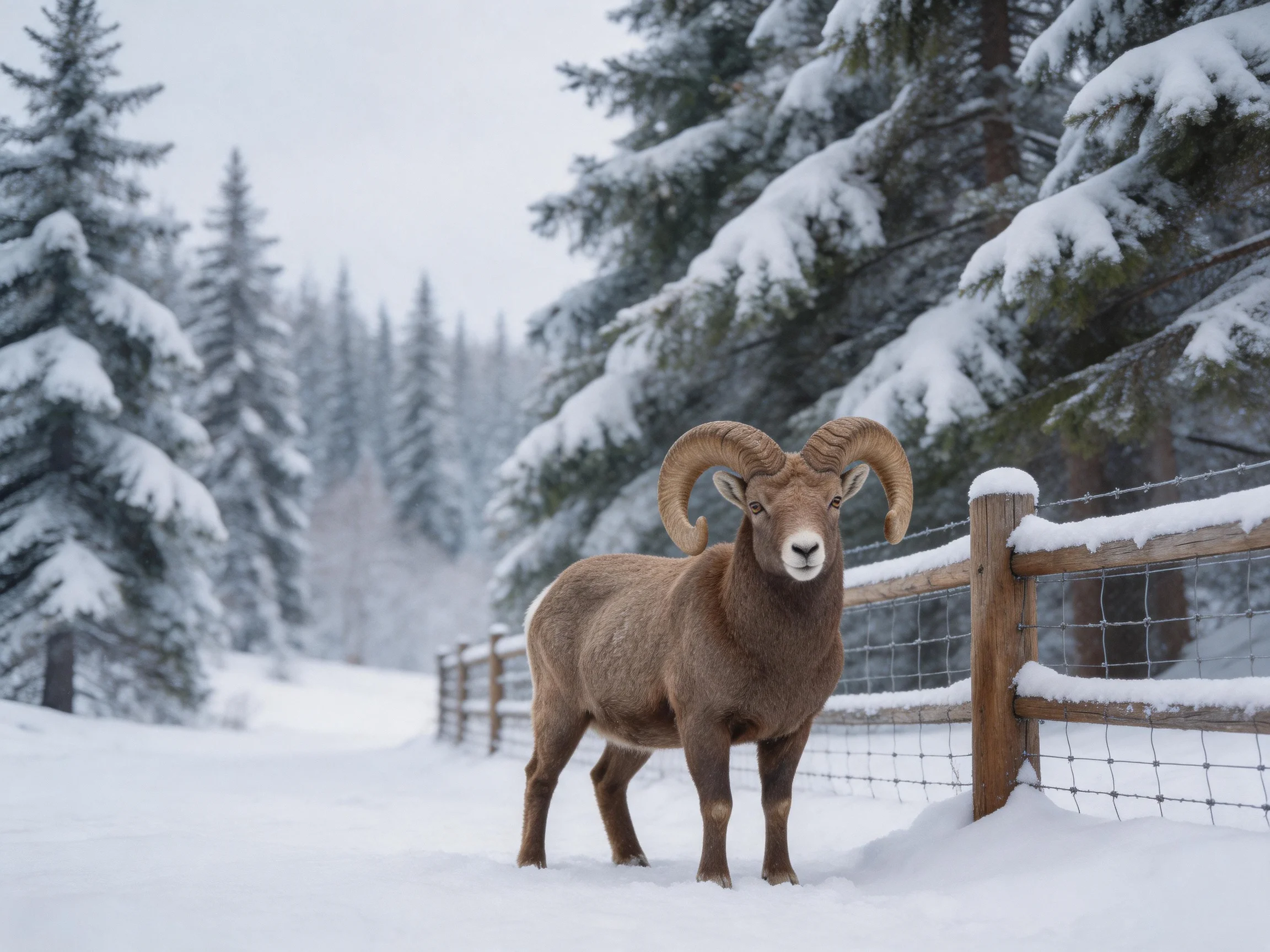 A bighorn ram stands near a snow-covered wooden fence