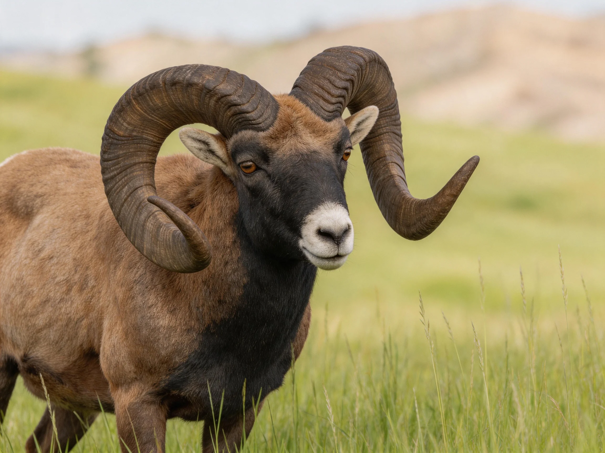 A bighorn ram with massive curved brown horns in a grassy field