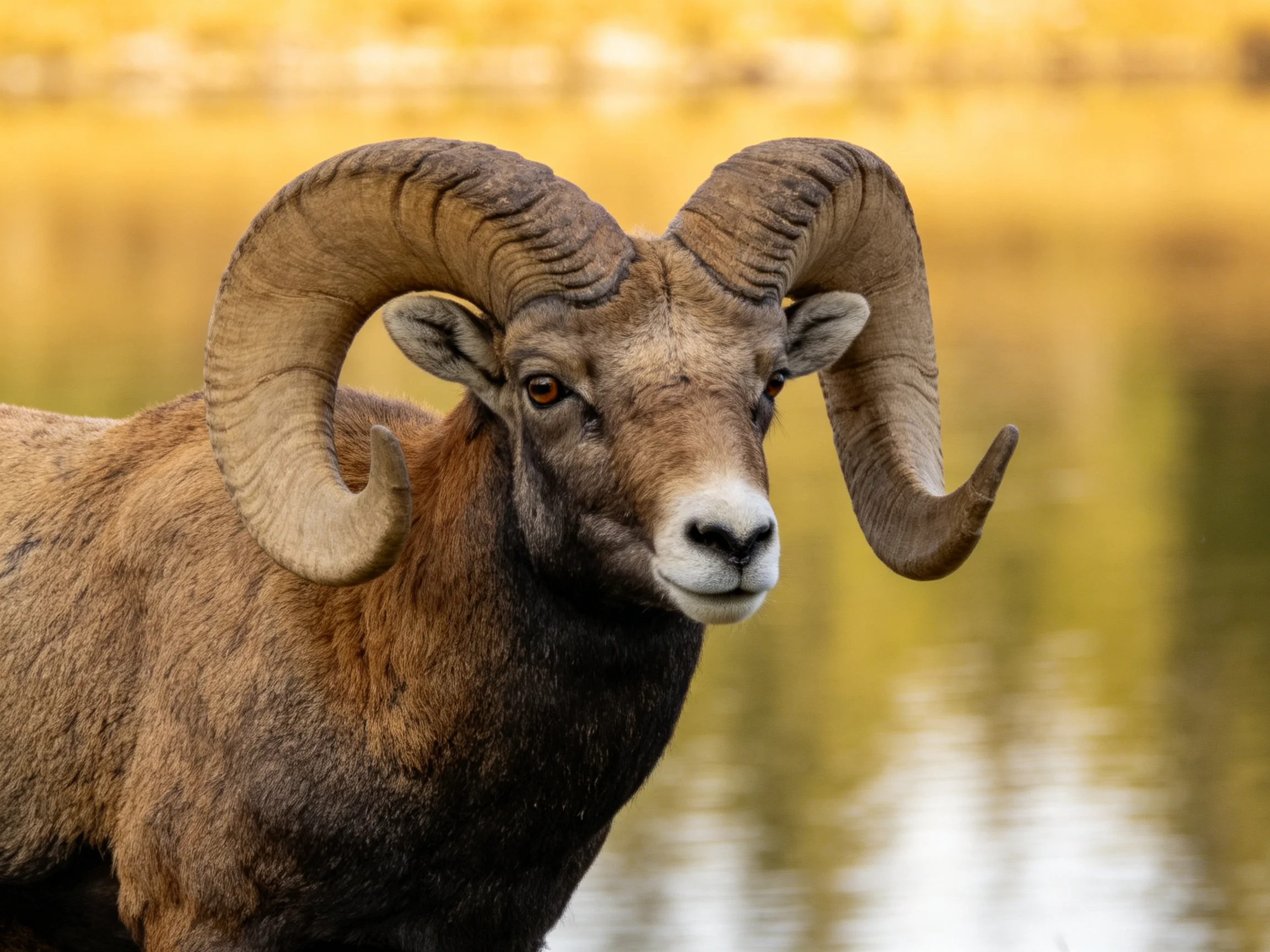 A bighorn ram with massive curved horns near a golden-hued body of water