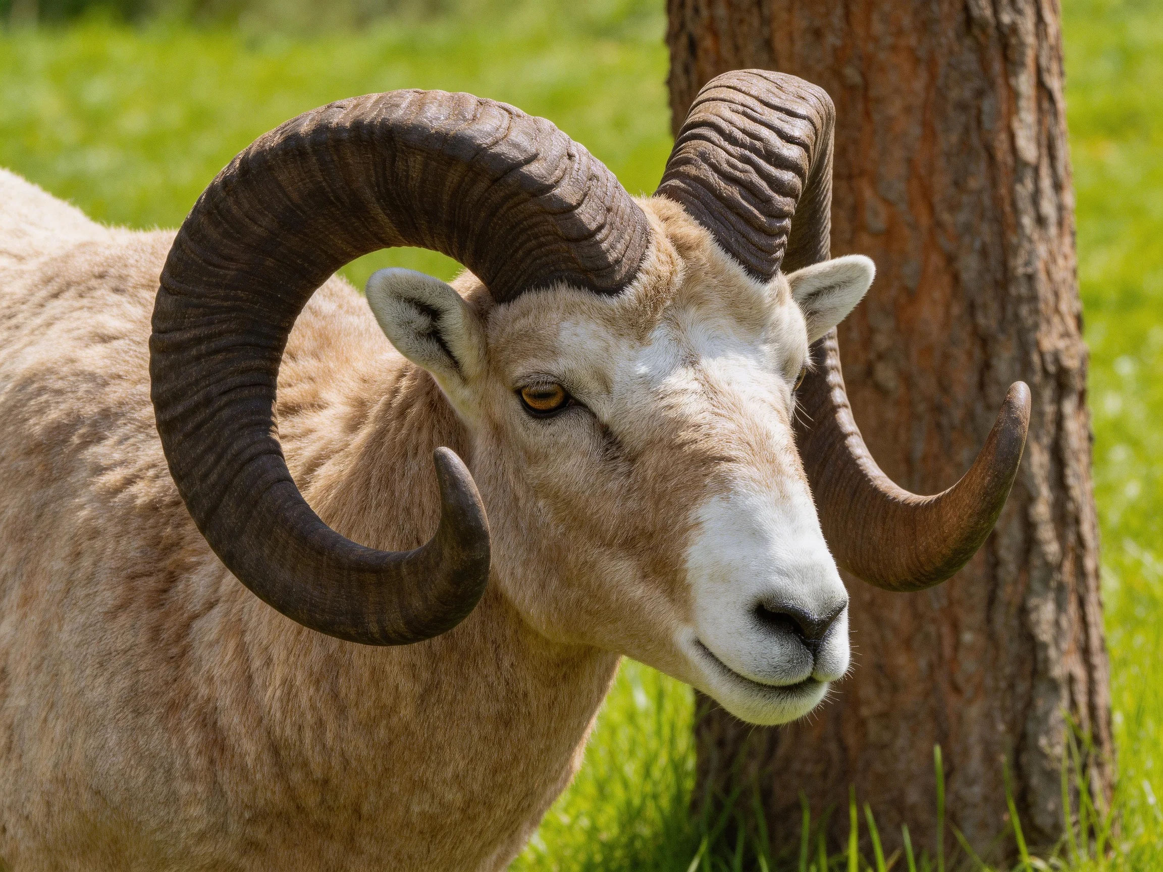 A bighorn ram with massive curved horns near a tree in lush greenery