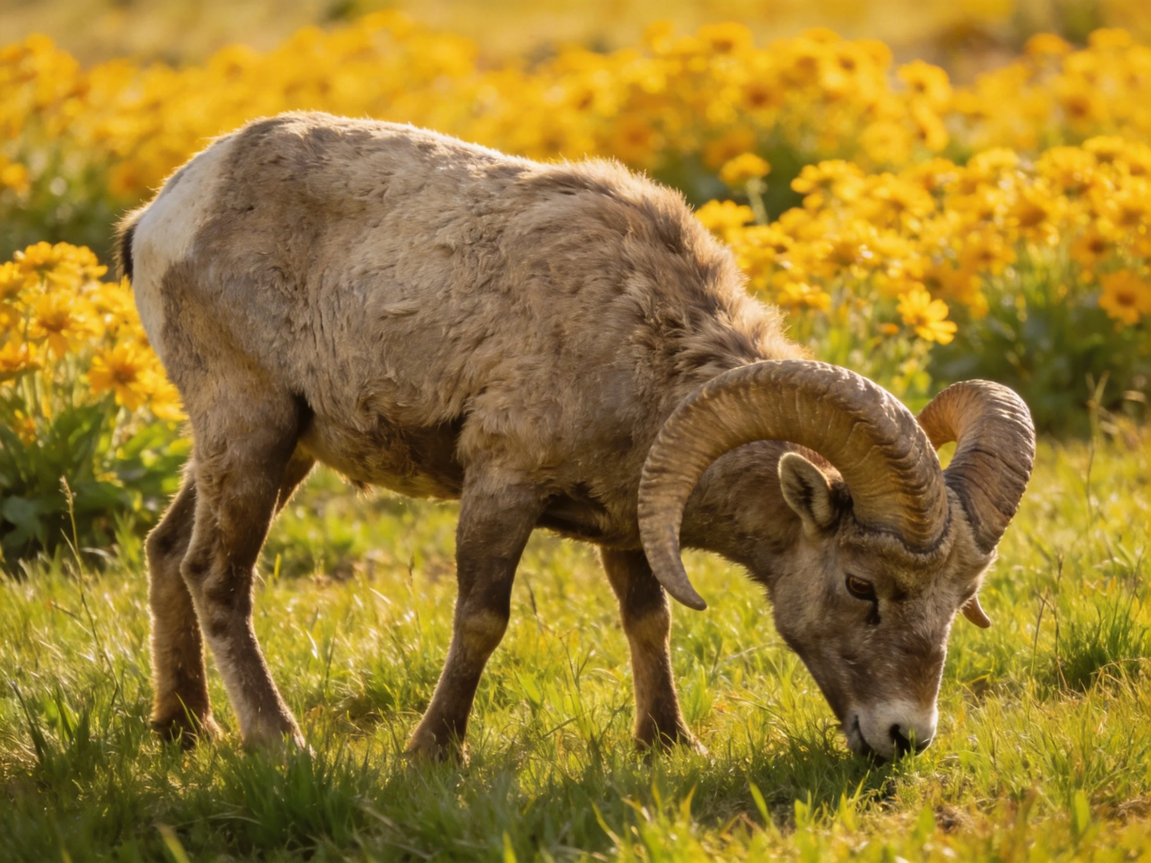 A bighorn sheep grazing amid vibrant yellow wildflowers