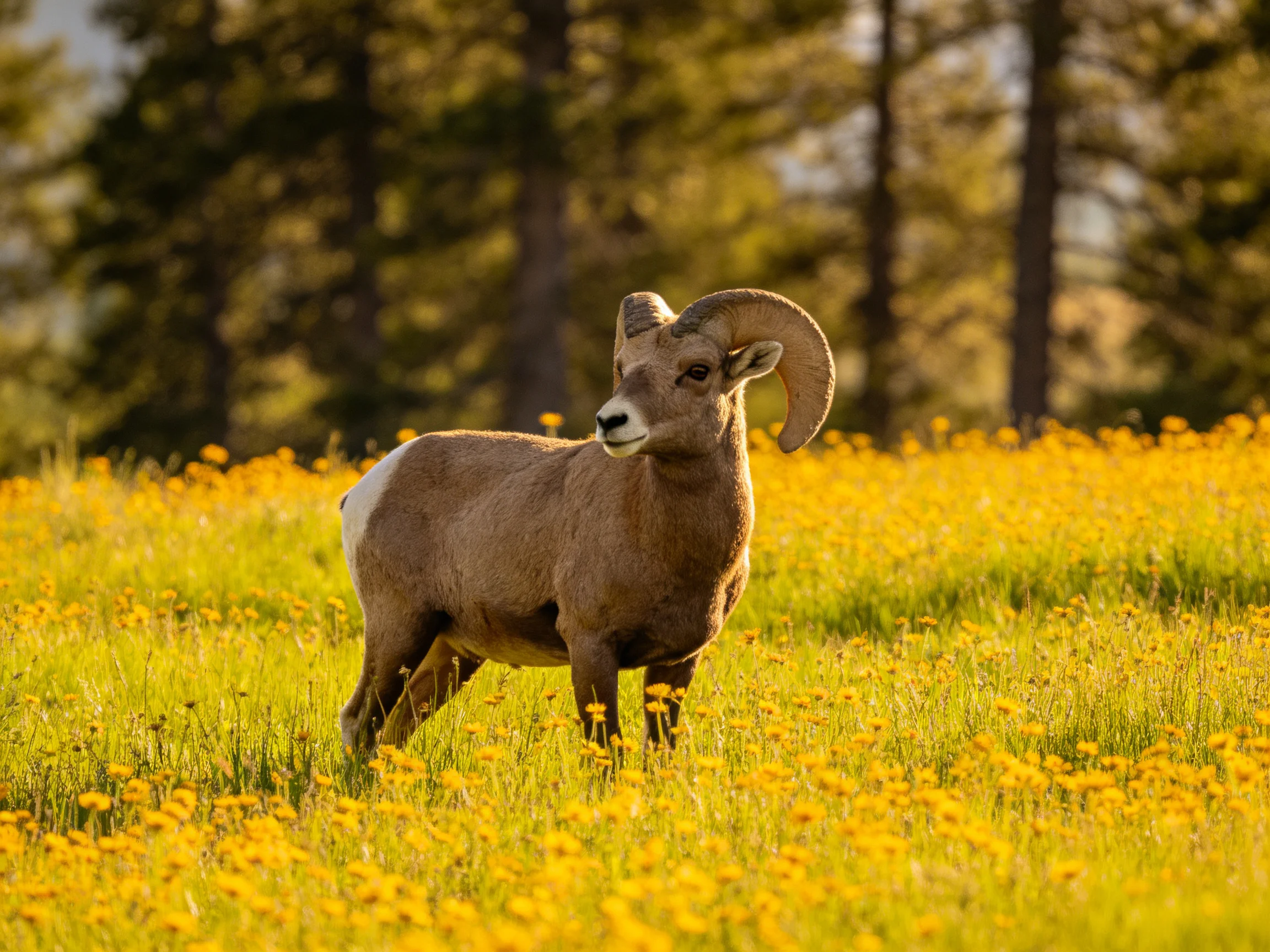 A bighorn sheep in a golden-flowered meadow with pine trees