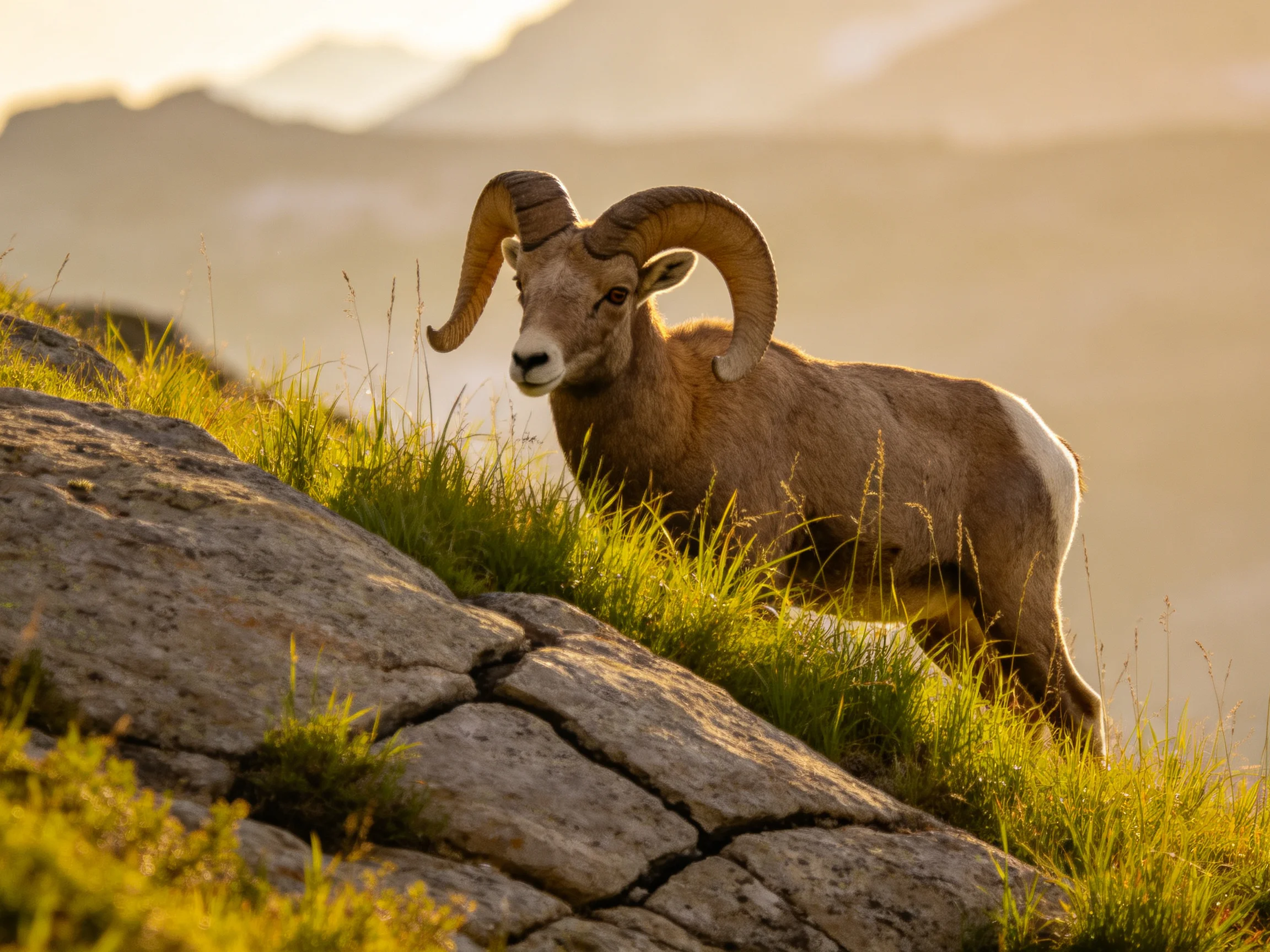 A bighorn sheep on rocky terrain with golden grass and distant mountains