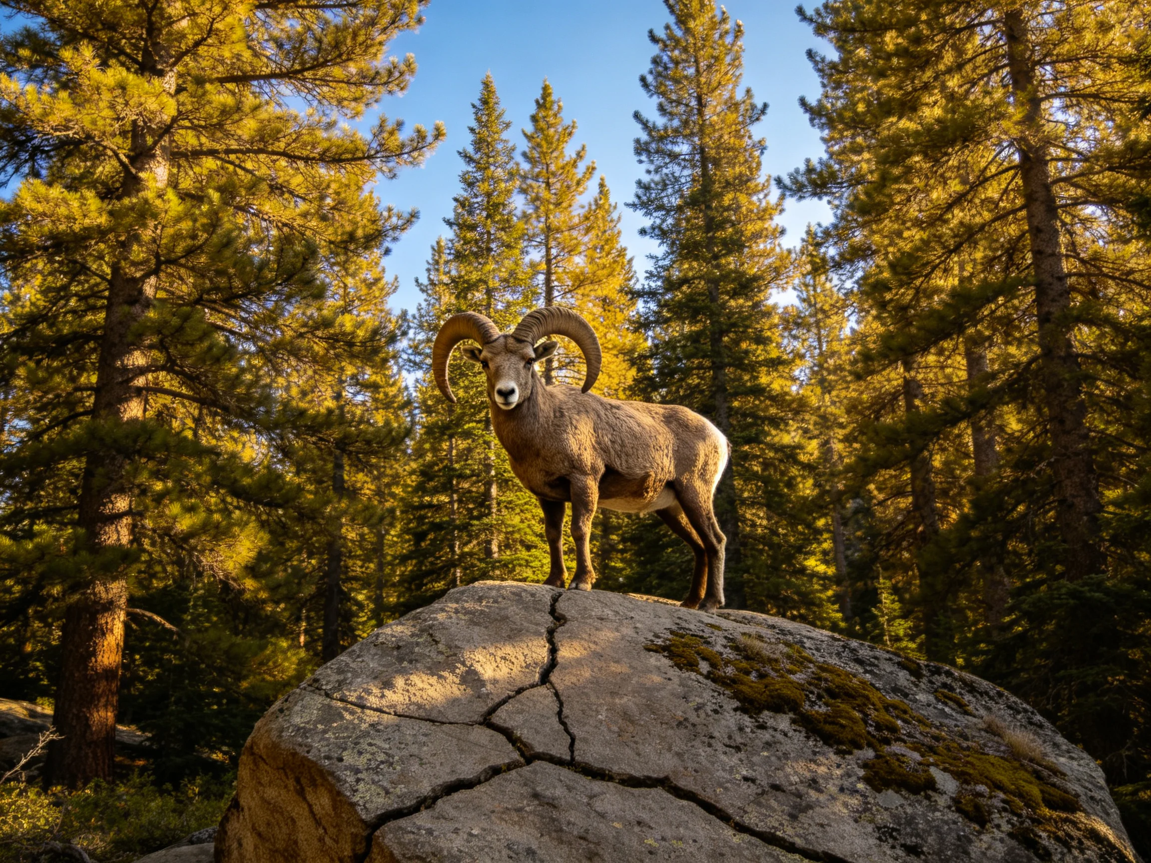 A bighorn sheep stands atop a mossy rocky outcrop among tall pines.