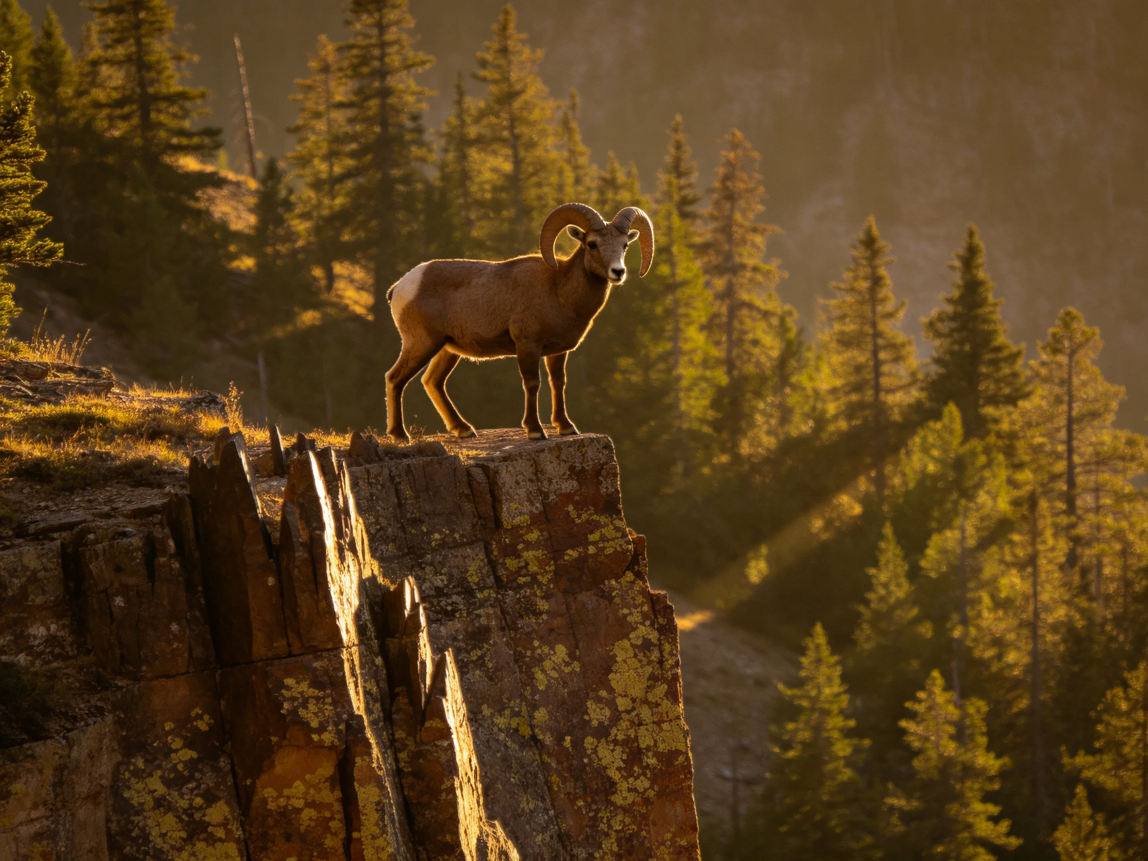 A bighorn sheep stands atop a rocky cliff amid golden forest