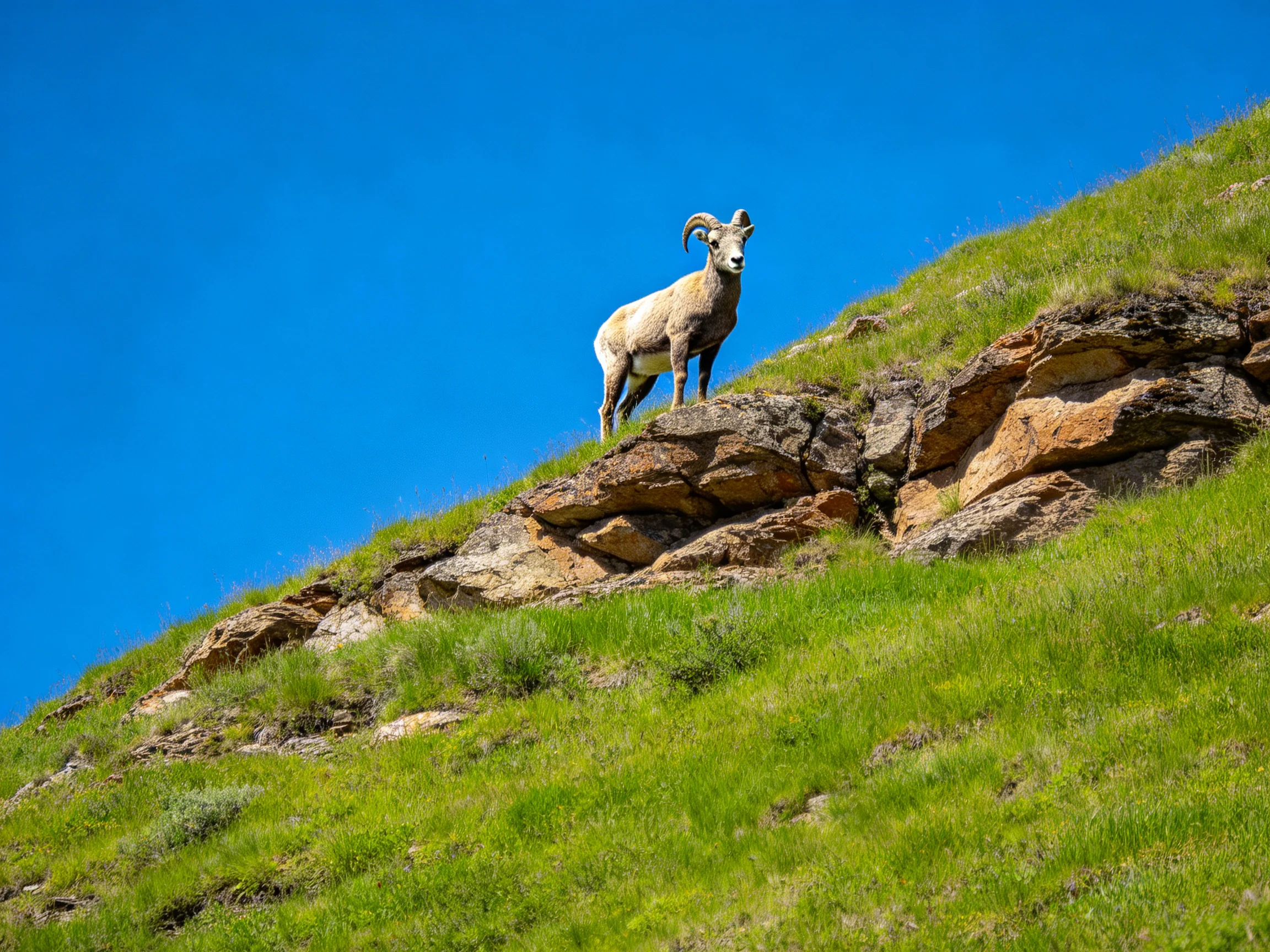 A bighorn sheep stands atop a rocky, grassy hill under clear blue sky