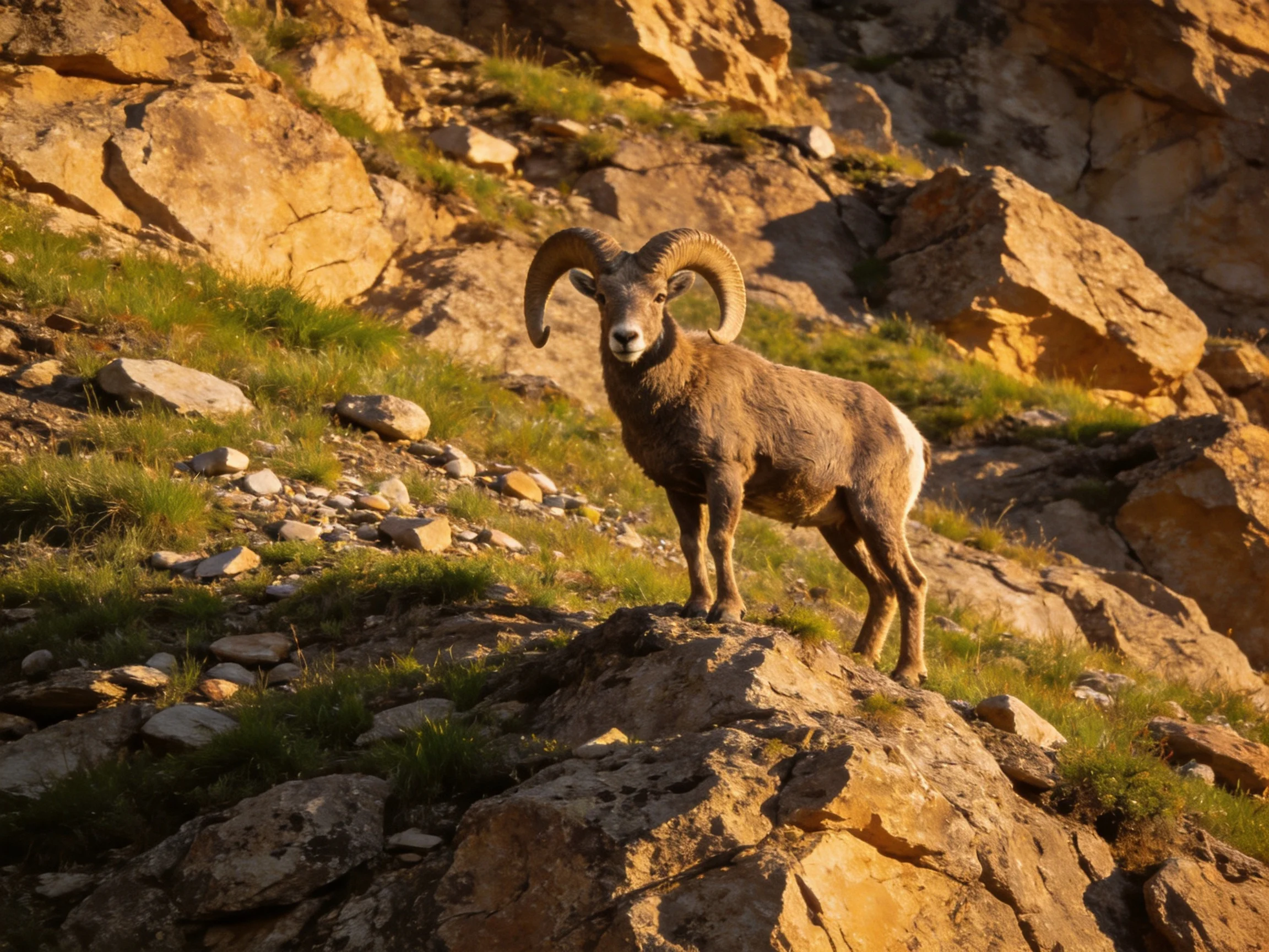 A bighorn sheep stands atop sunlit rocky cliffs