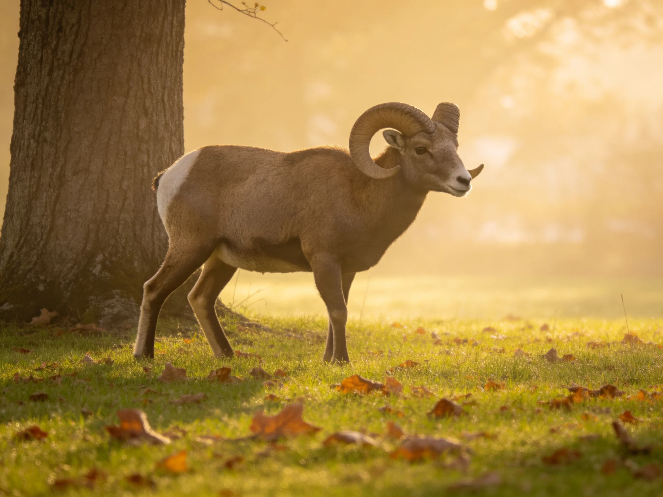 A bighorn sheep stands near a large tree in a golden-lit, misty meadow.