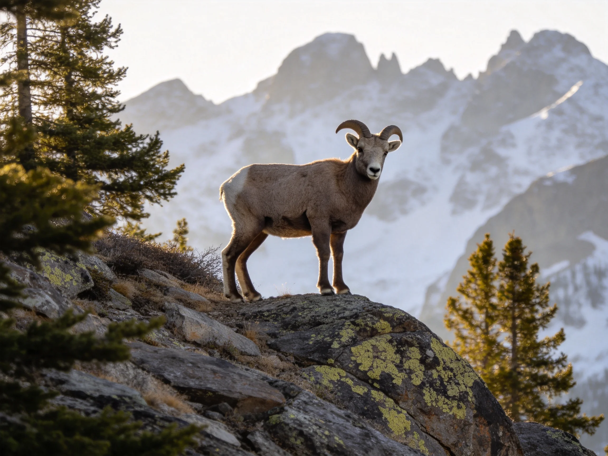 A bighorn sheep stands on a lichen-dotted rock near snow-capped mountains