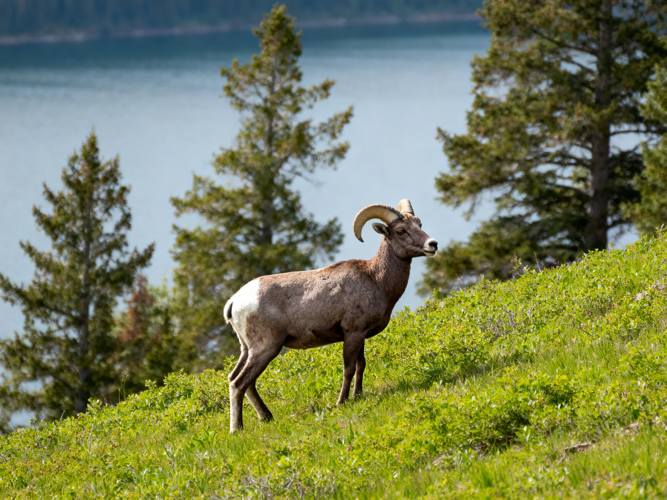 A bighorn sheep stands on a lush green hillside near pine trees
