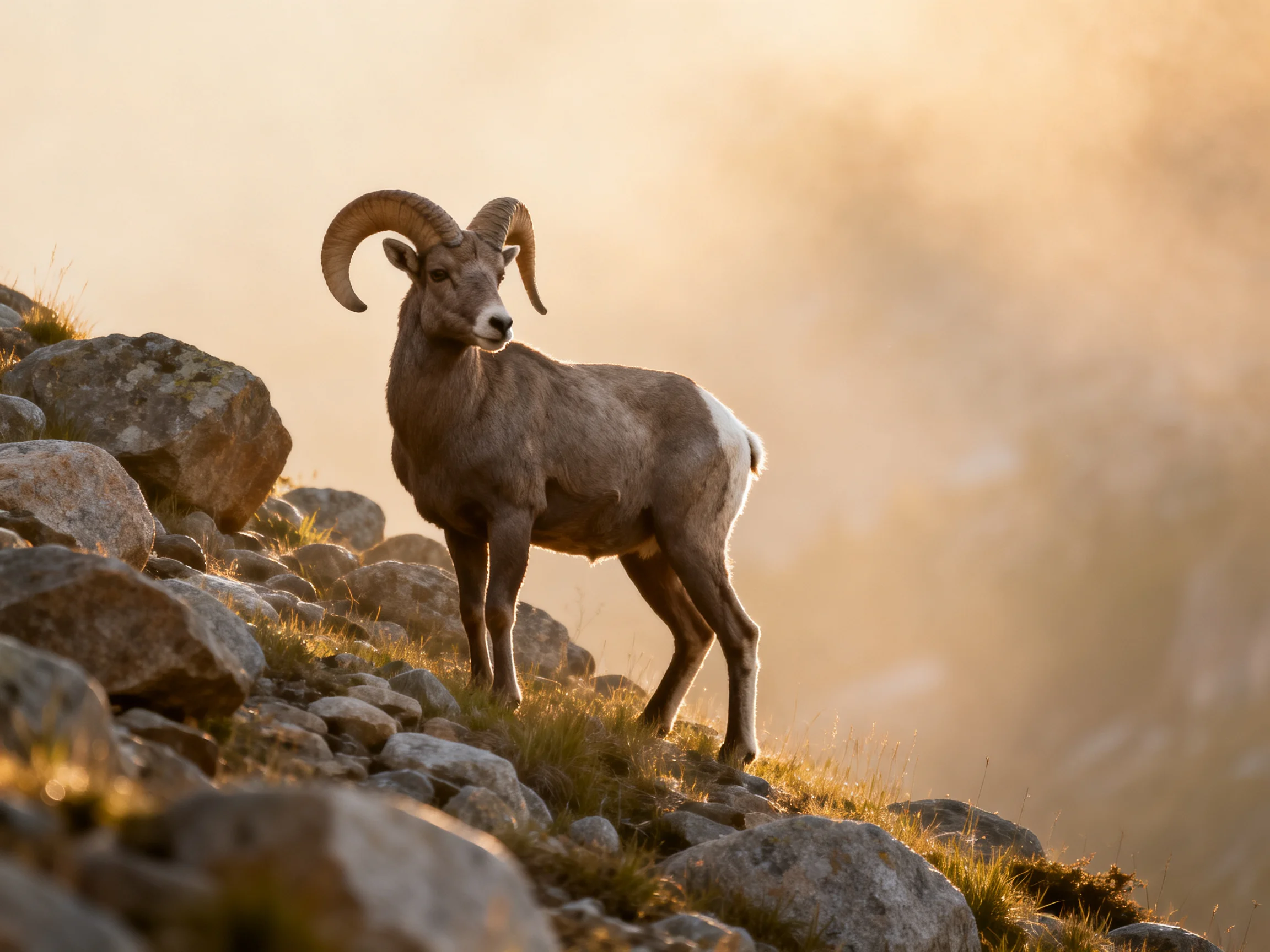A bighorn sheep stands on a rocky slope bathed in golden light