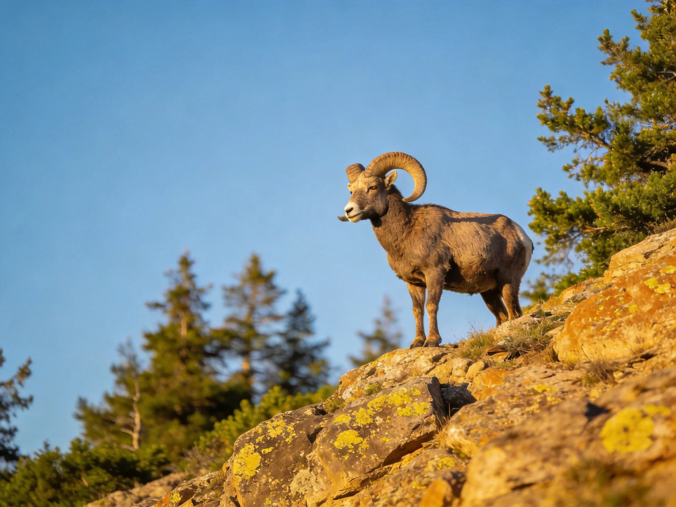 A bighorn sheep stands on lichen-covered rocks near pine trees under blue sky