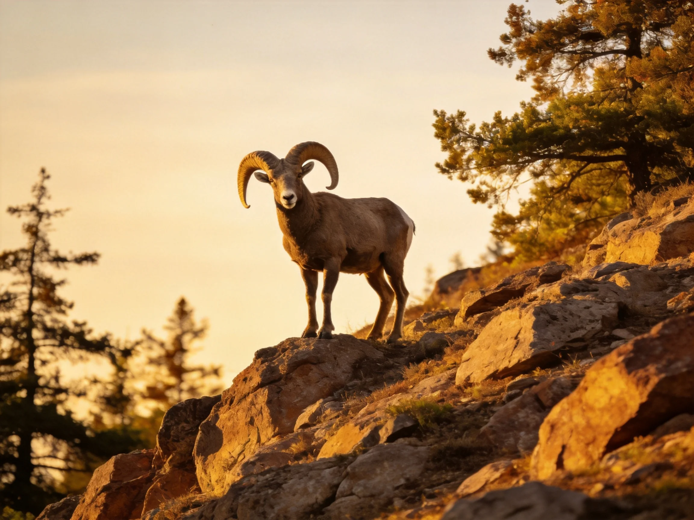 A bighorn sheep stands on rocky terrain with golden-hour lighting