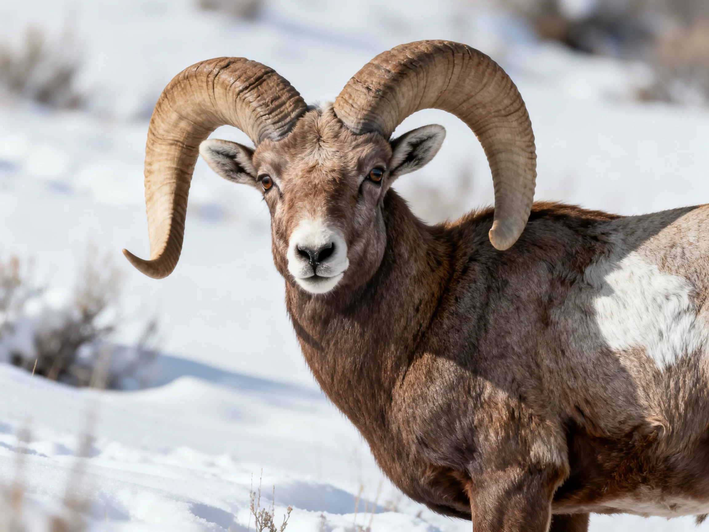 A bighorn sheep with large curved horns in a snowy setting