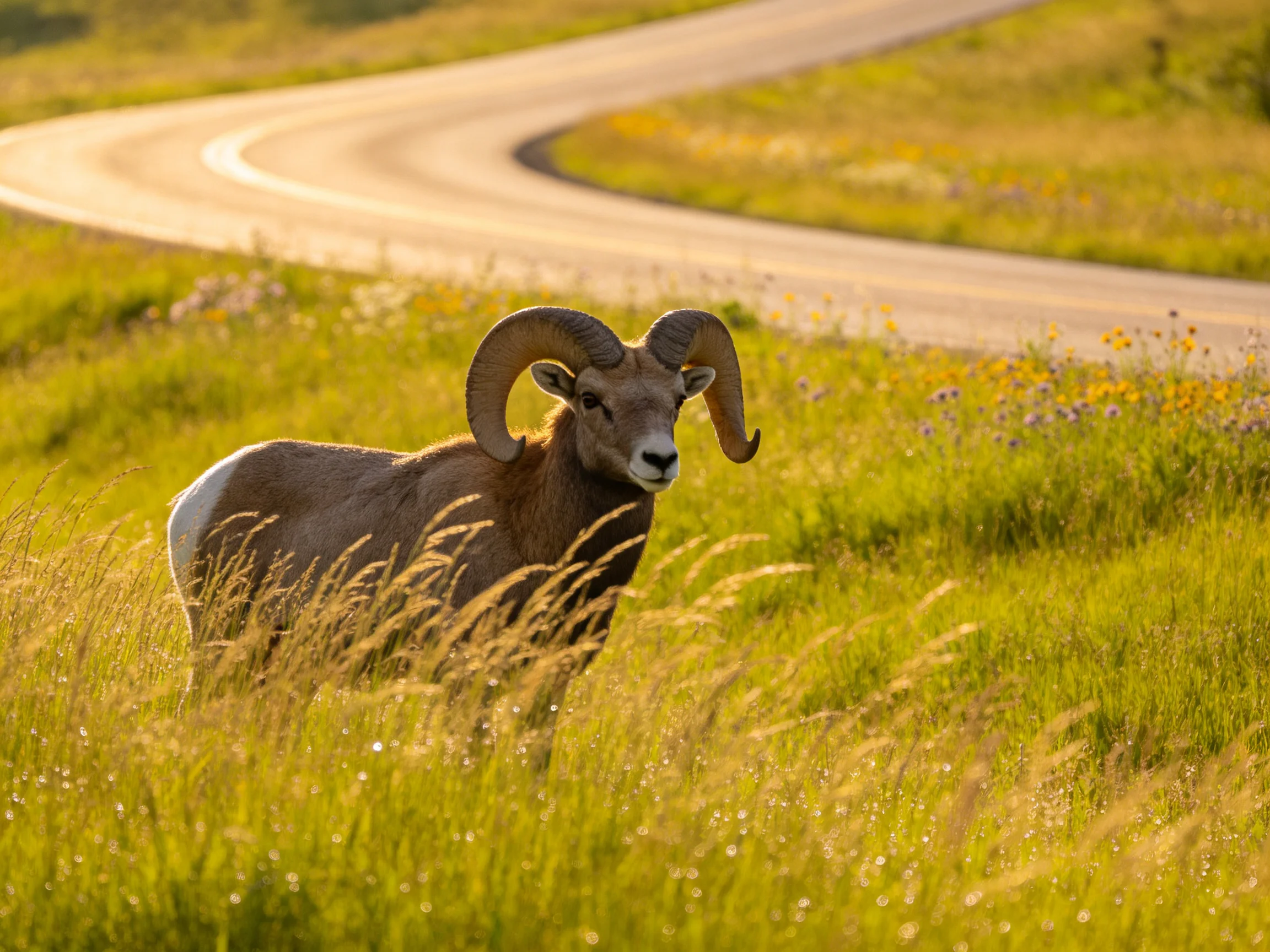 A bighorn sheep with large curved horns near a winding road
