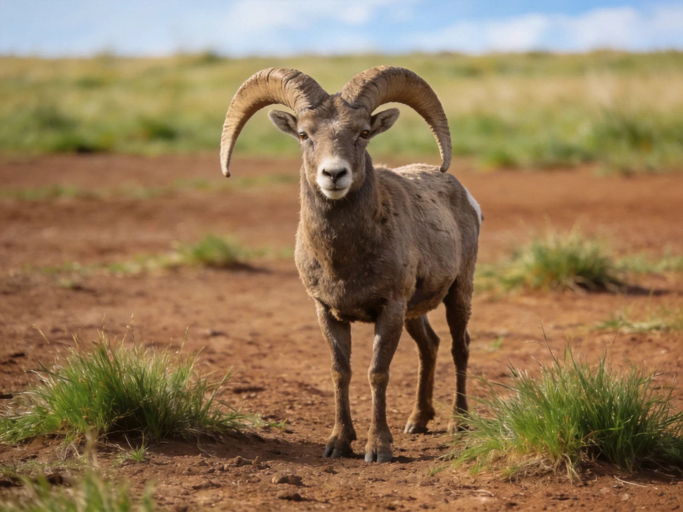 A bighorn sheep with large curved horns on reddish earth