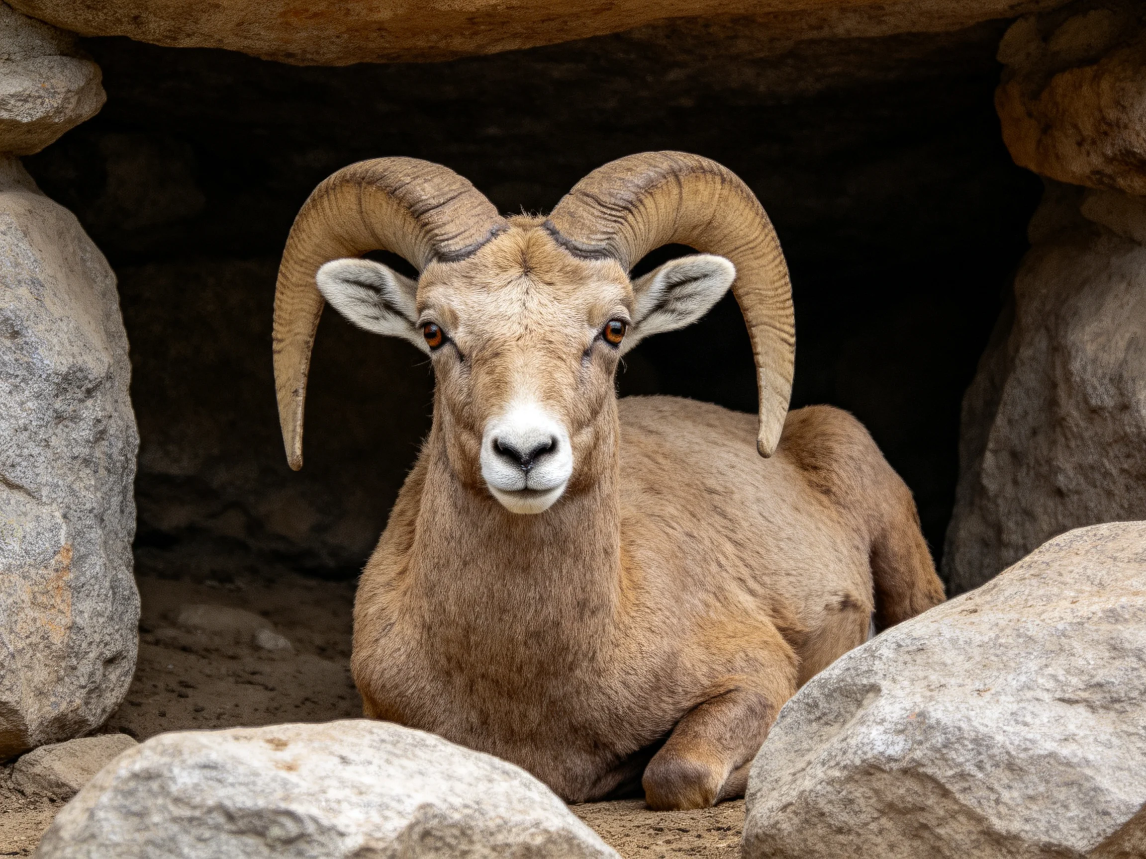 A bighorn sheep with large curved horns rests among rocky formations