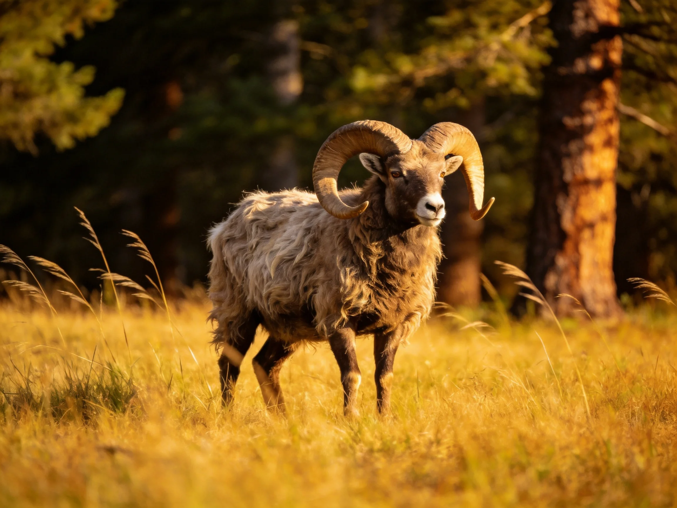 A bighorn sheep with large curved horns stands in golden grass near forested trees.