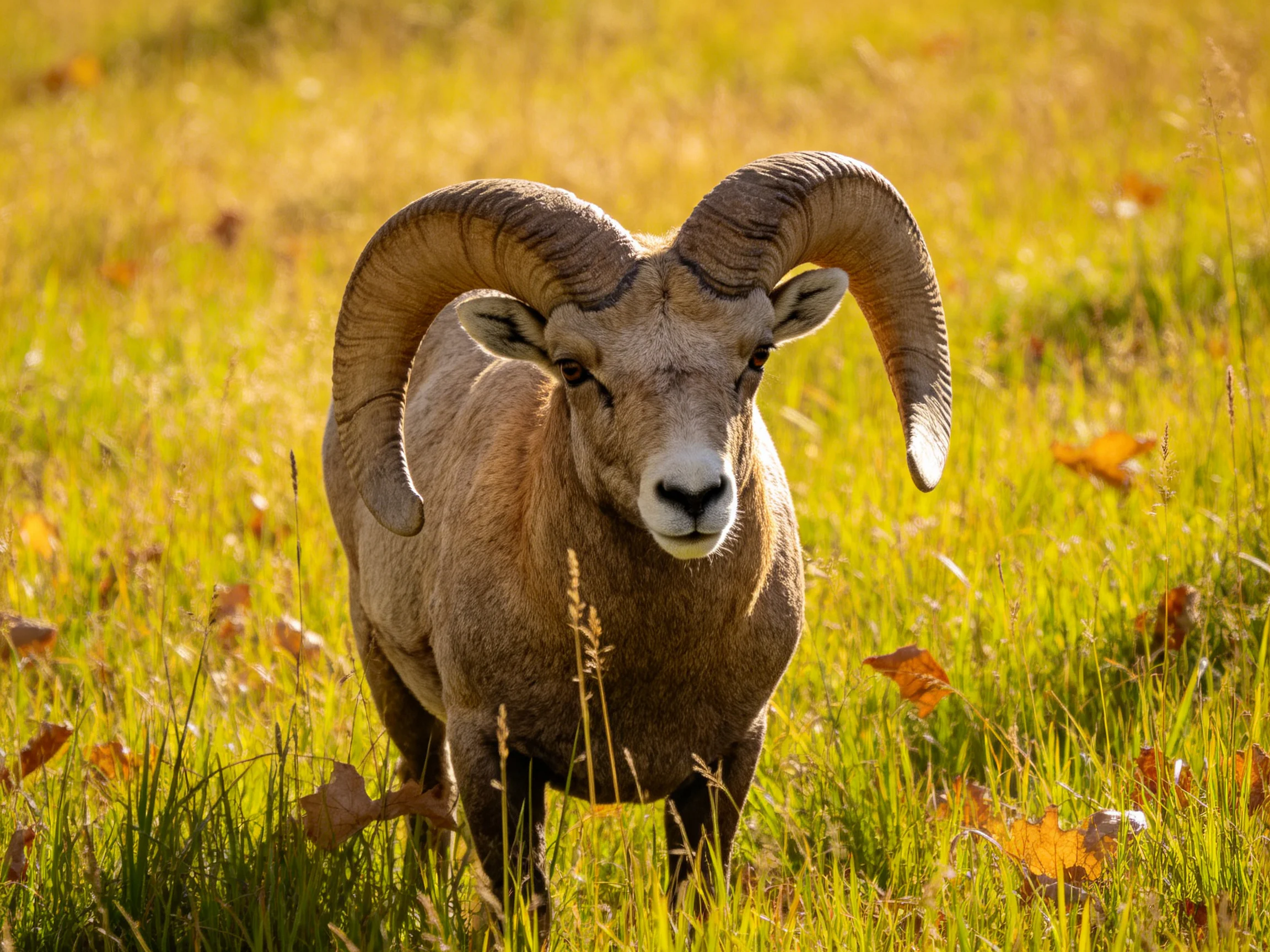 A bighorn sheep with massive curved horns in golden grassland