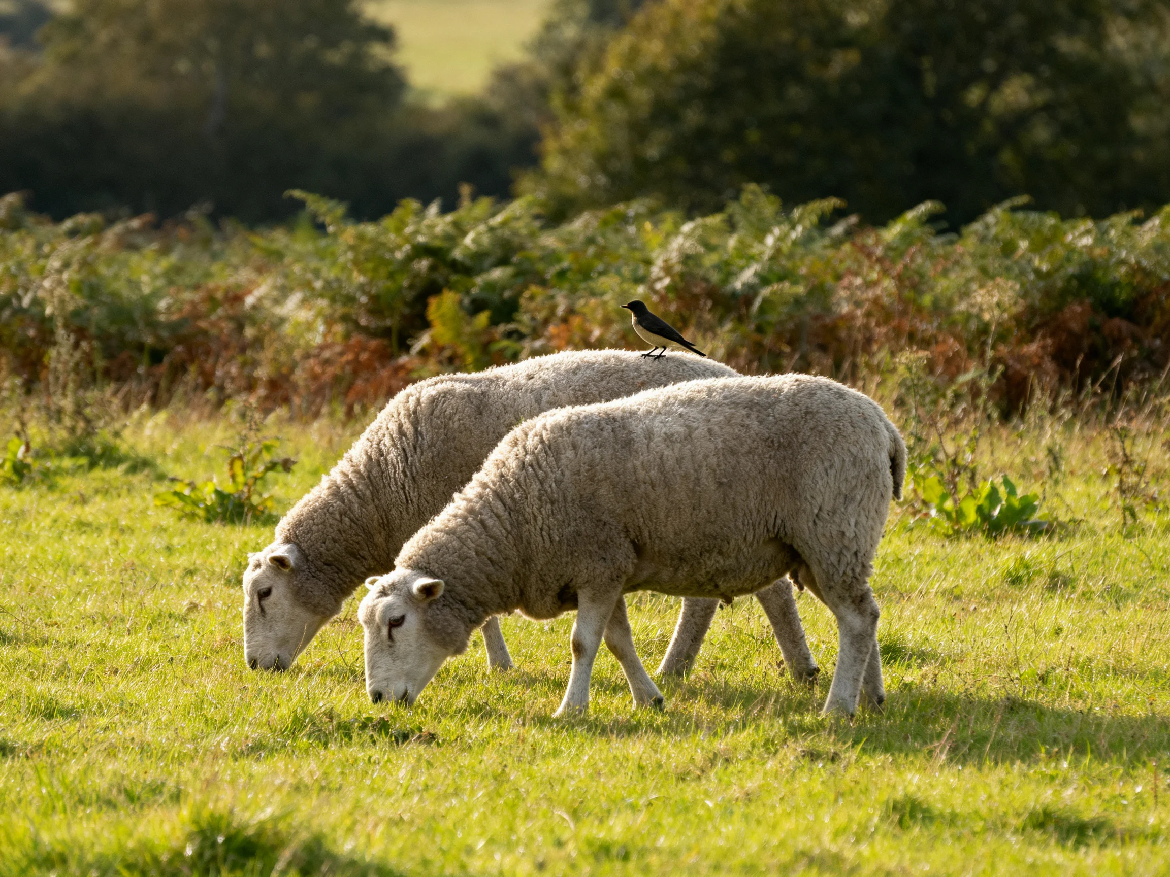 A bird perches atop two sheep grazing in a verdant meadow